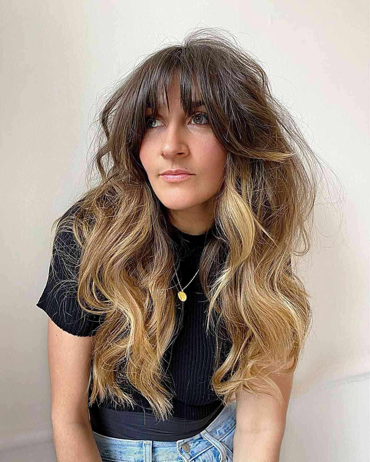 Long Brown-Blonde Balayage Ombre Hair with Bangs and Wavy Tousled Layers