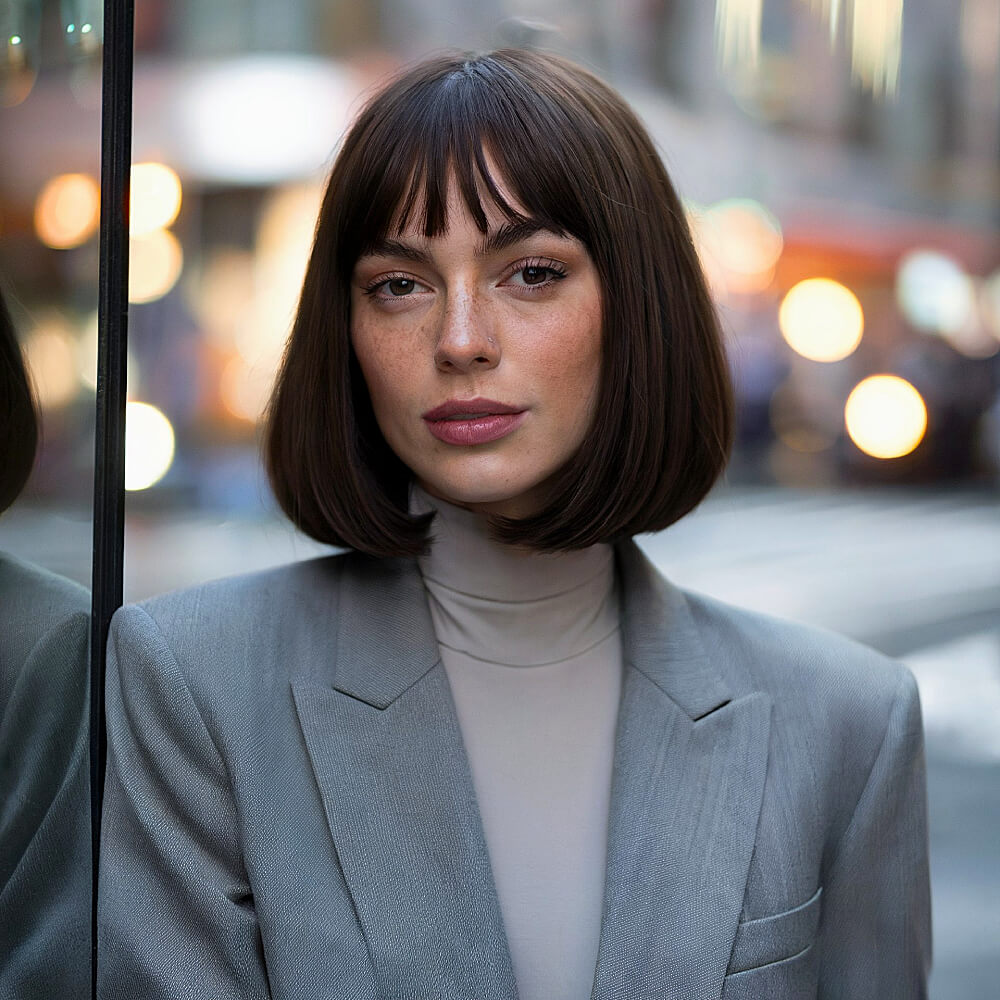 Sleek, neck-length brown bob with curtain bangs, styled with subtle volume for a polished look