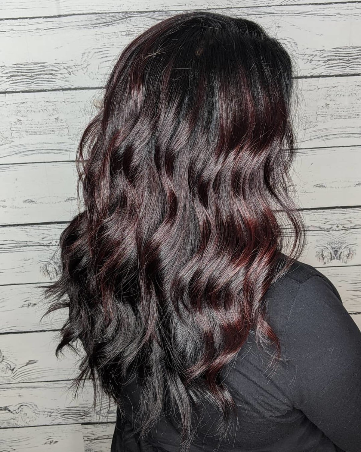 Fresh brown burgundy highlights on black hair