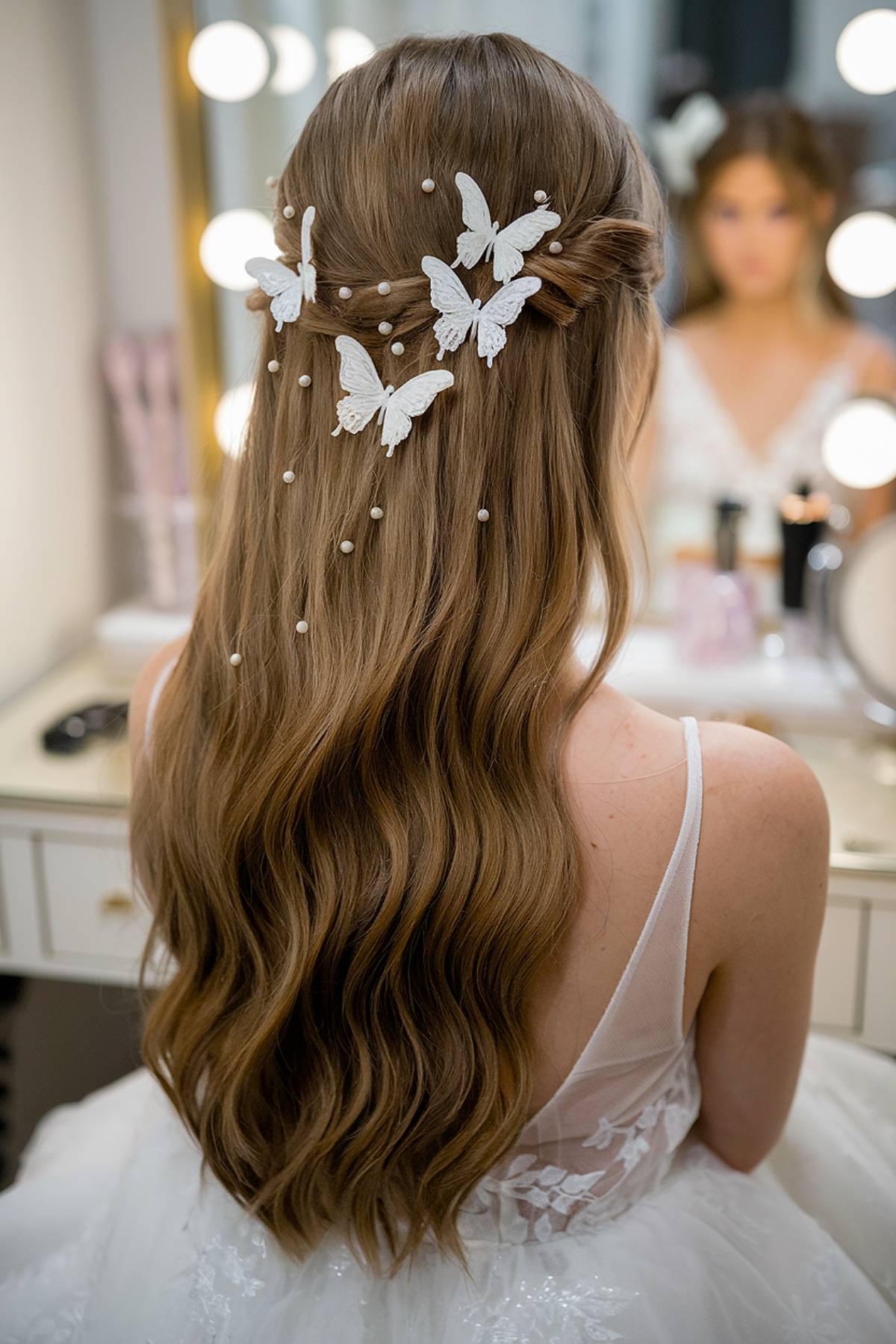 Long brown wedding hairstyle with butterfly and pearl accents