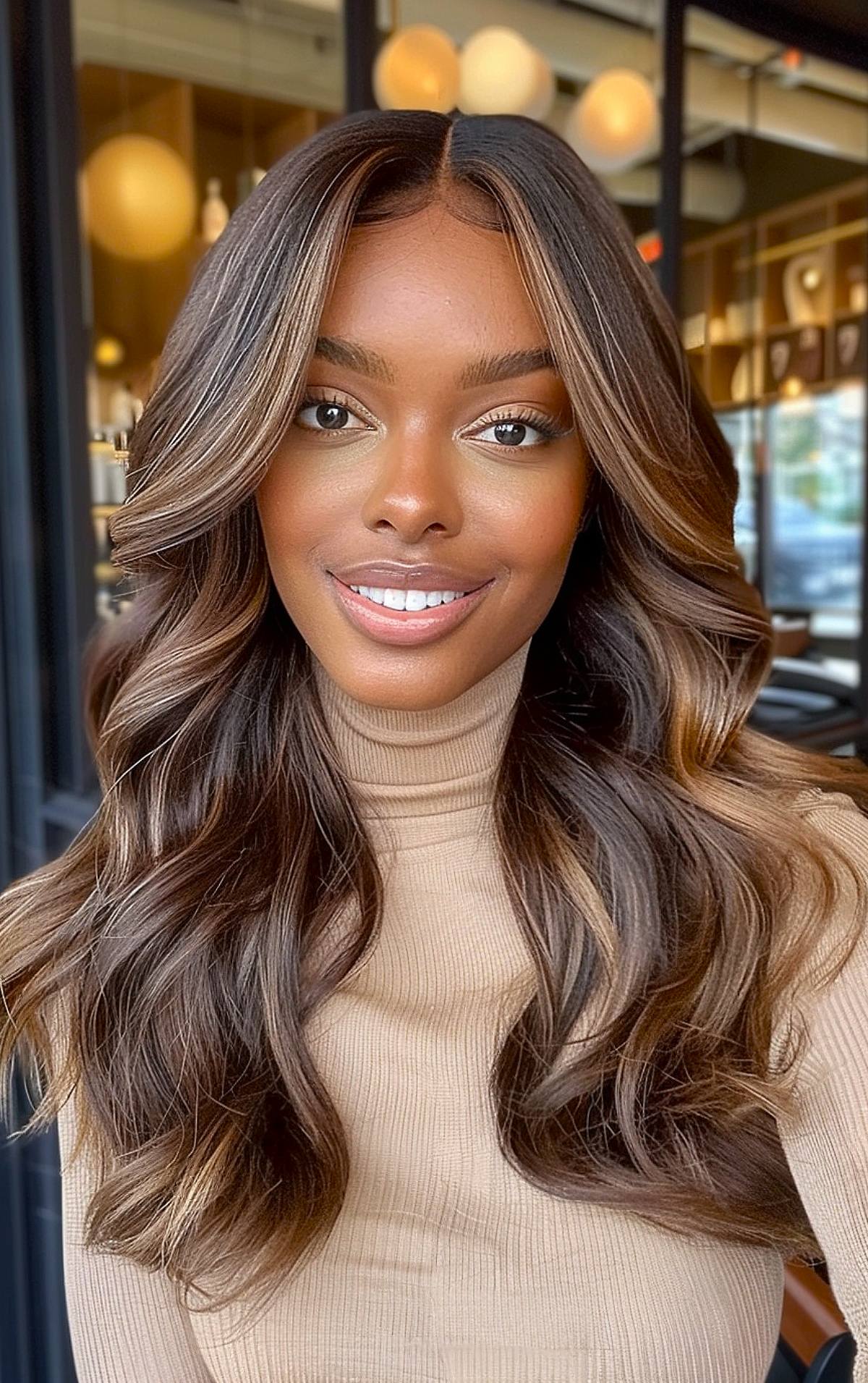 Brown hair with warm highlights on brown skin