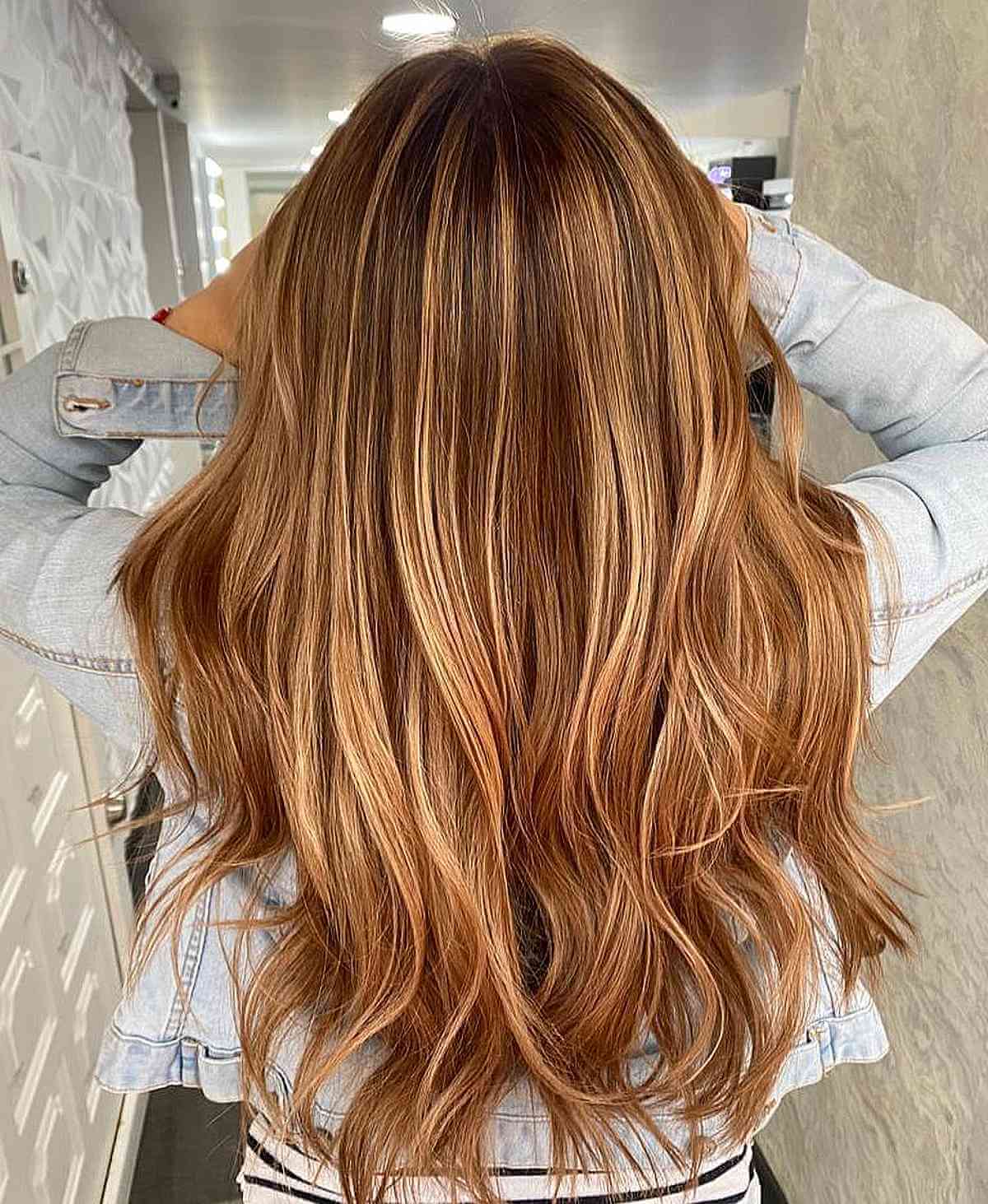 Brown Long Hair with Copperish-Blonde Balayage Highlights