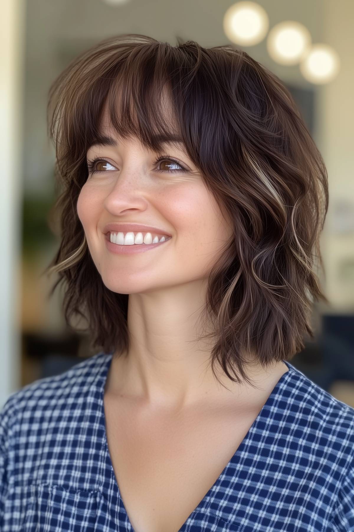 Woman with a brown shaggy lob haircut and wispy bangs, featuring subtle highlights