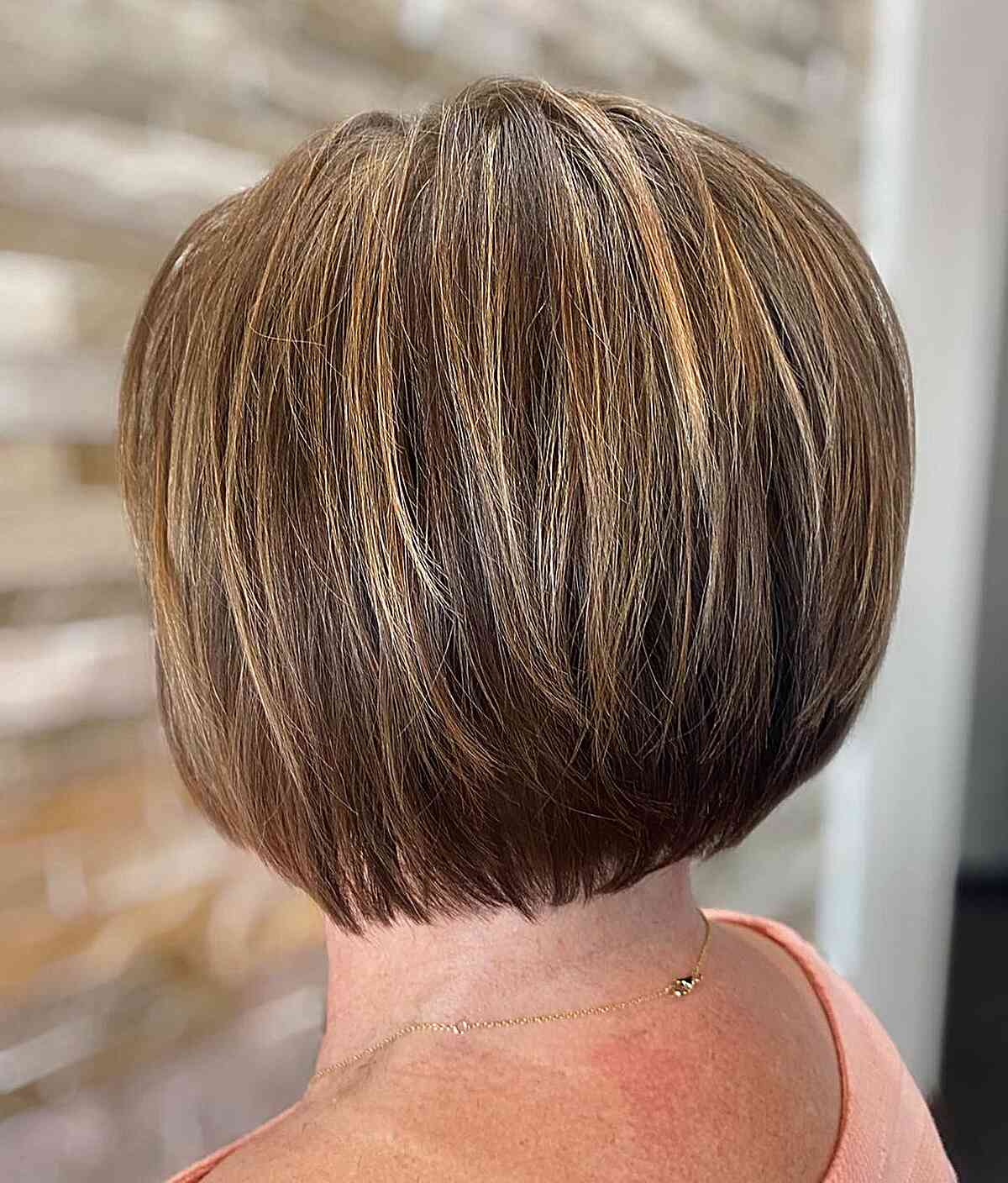 Brown Stacked Bob with Caramel Blonde Highlights on Straight, Fine Hair with Textured Layers