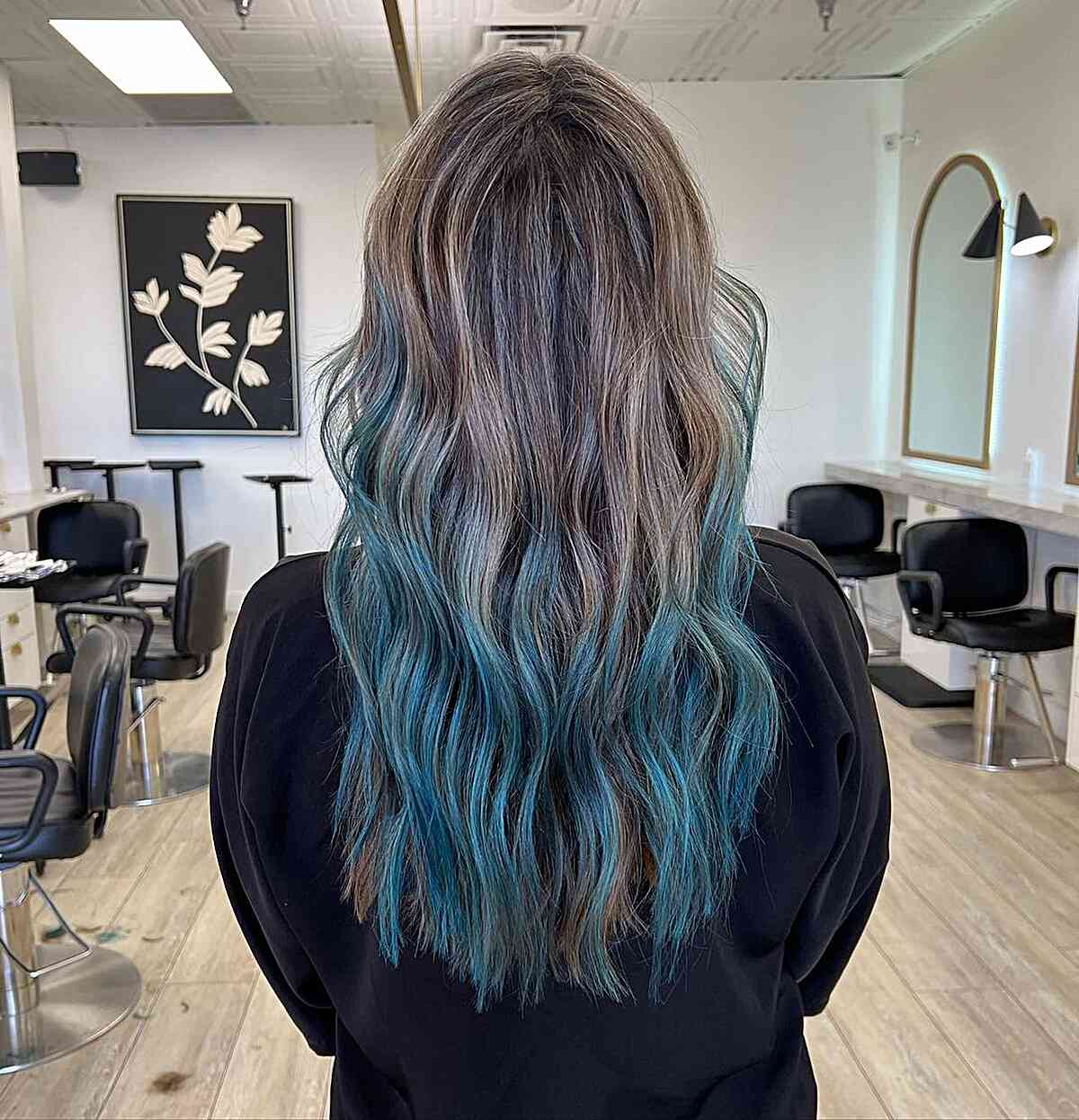 Brown-to-Blue Balayage Ombre for Long Waves
