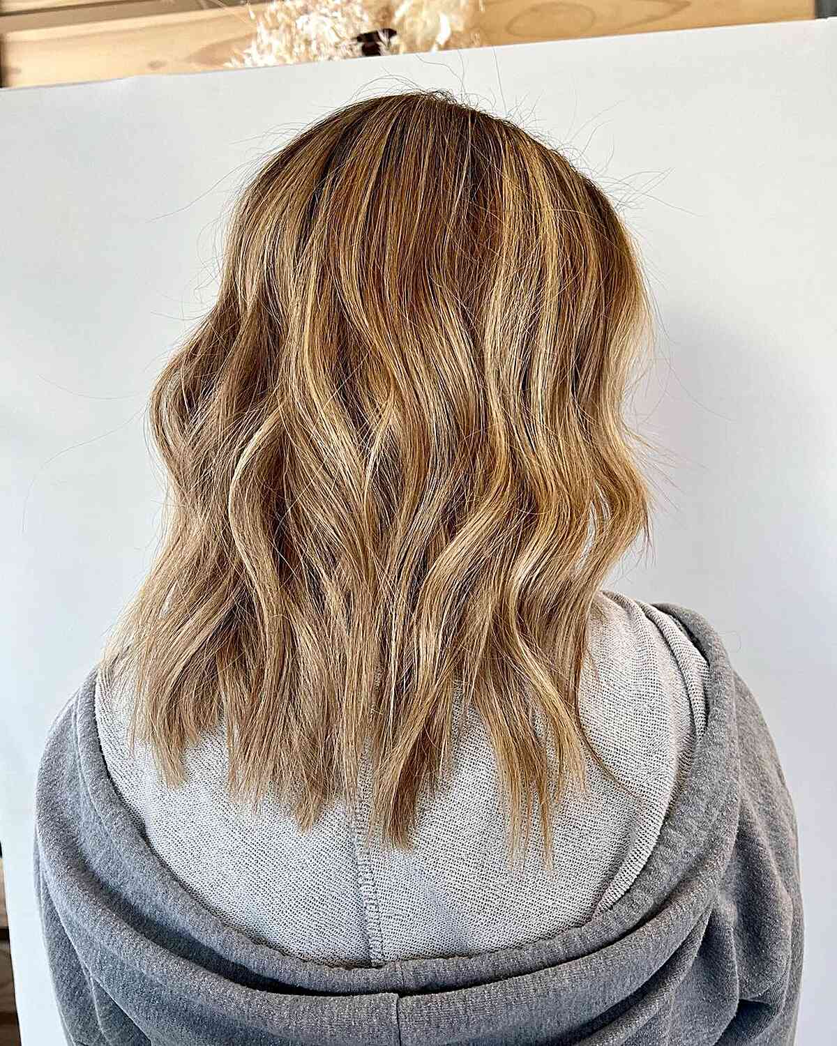 Brunette and Honey Blonde Balayage Highlights with Mid-Length Choppy Layers