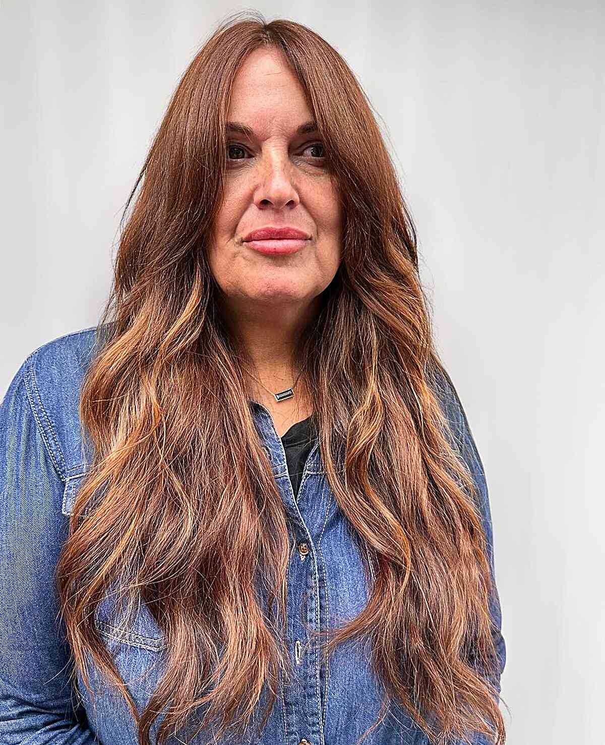 Brunette Balayage Long Thick Wavy Hairstyle for Ladies Over 50