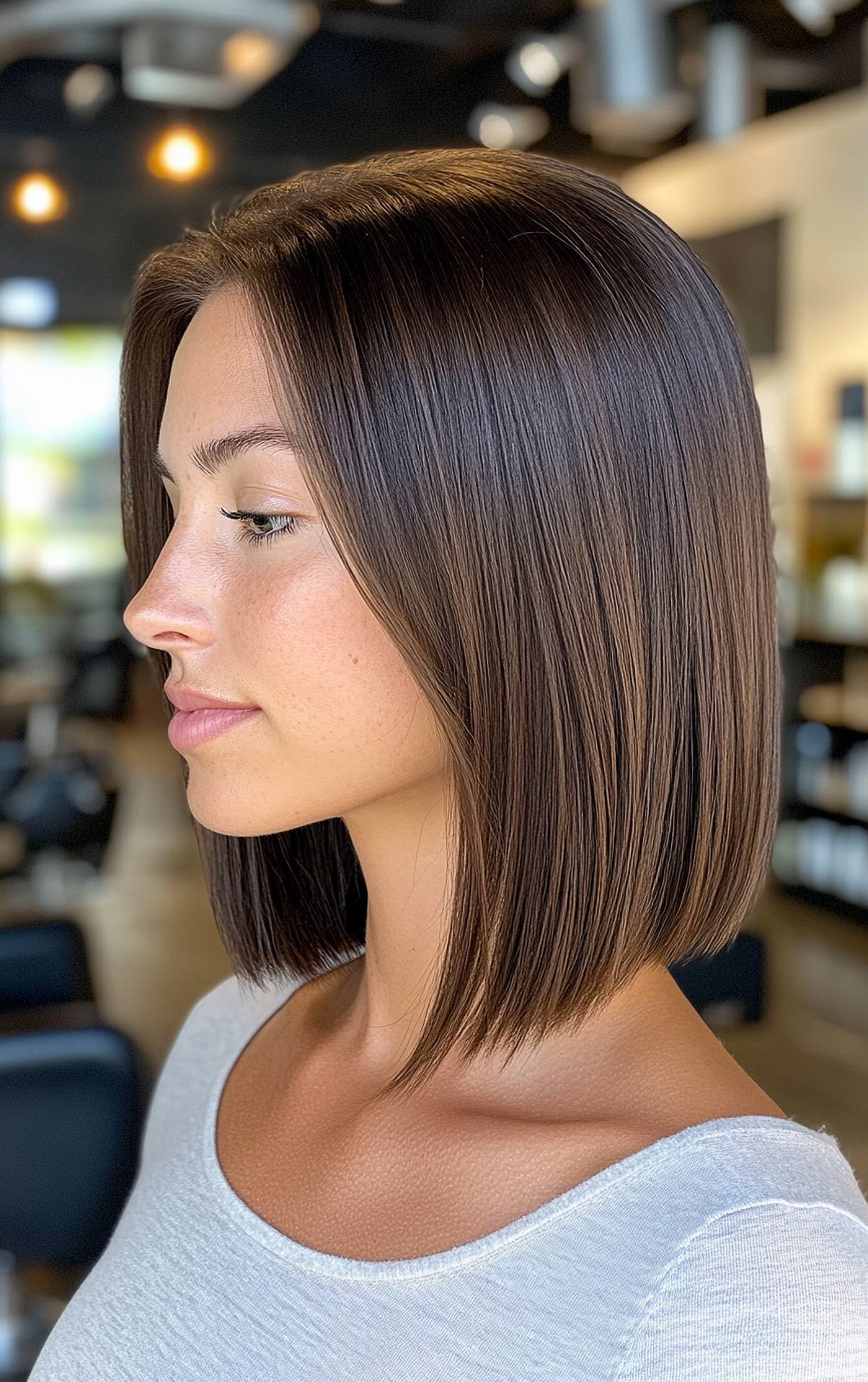 Short blunt brunette bob with subtle balayage highlights