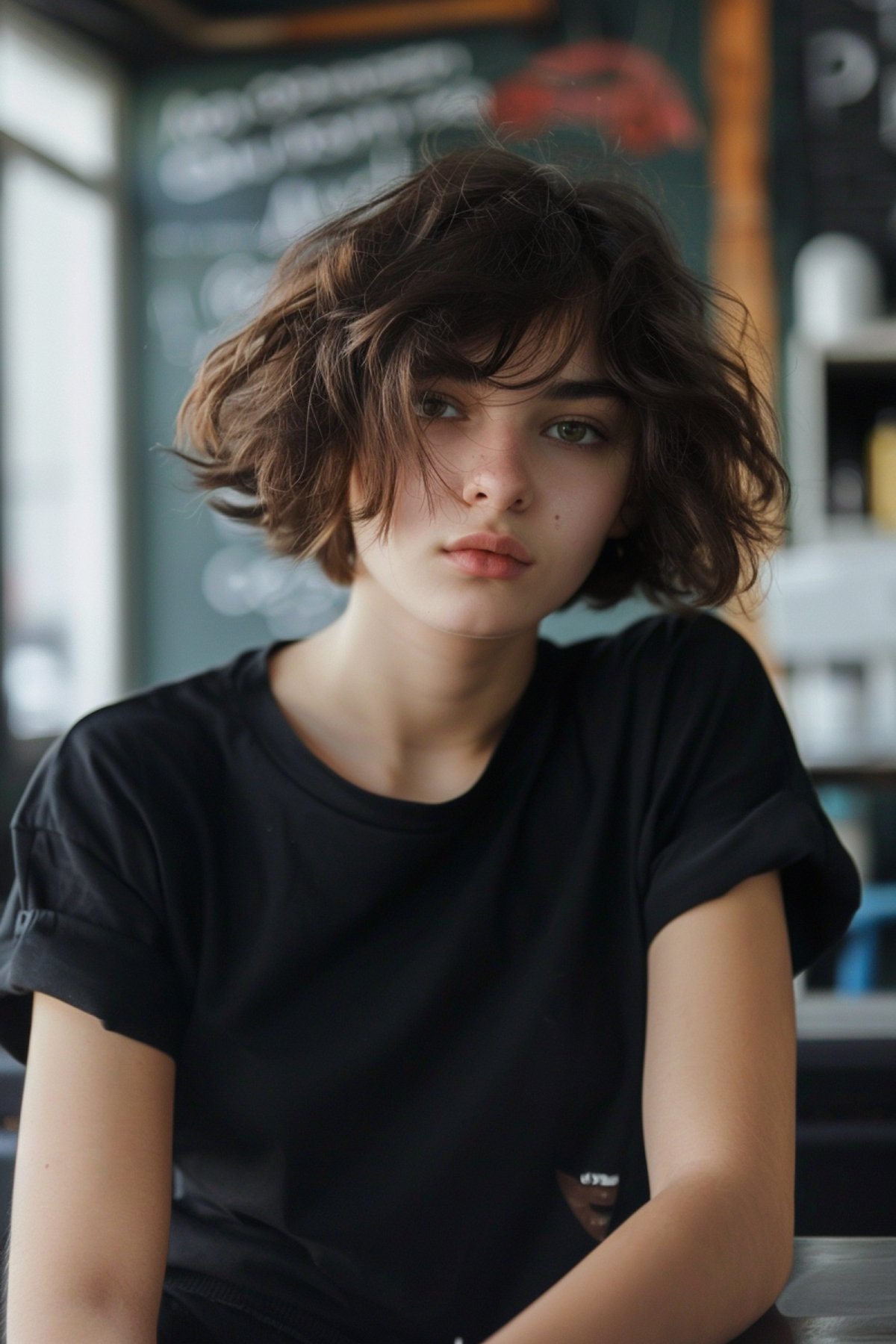 Woman with short tousled brunette bob and fluffy natural texture