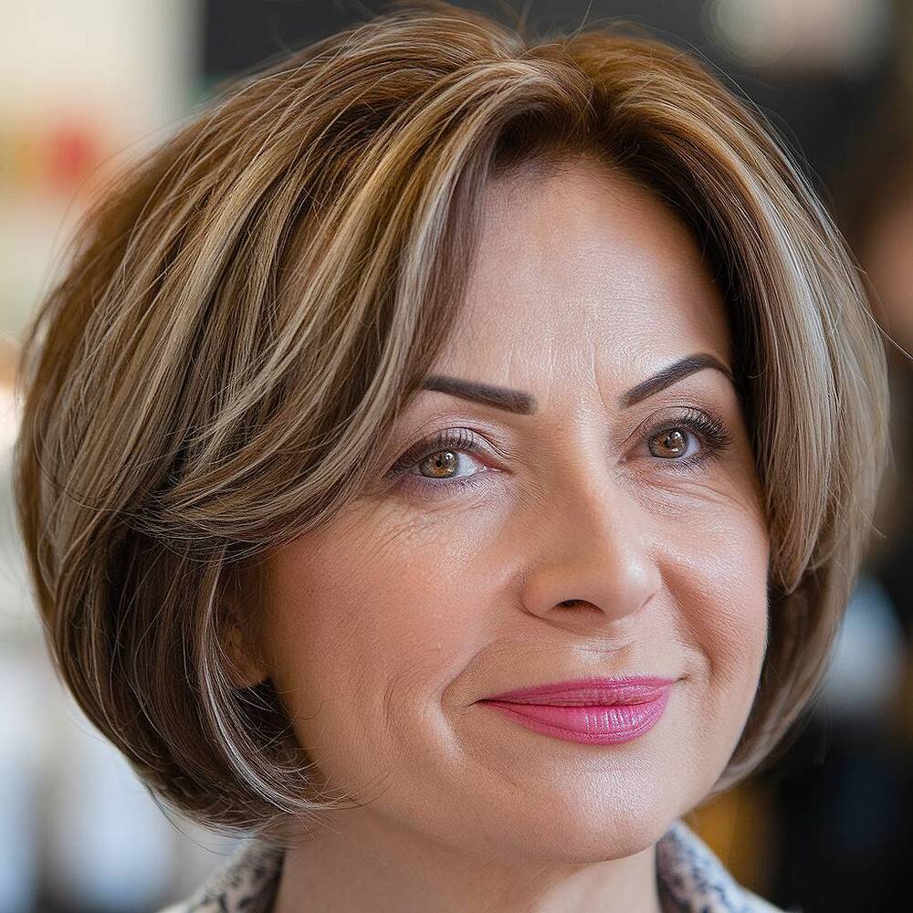 Brunette bob with subtle highlights, a polished and dimensional look for women over 60