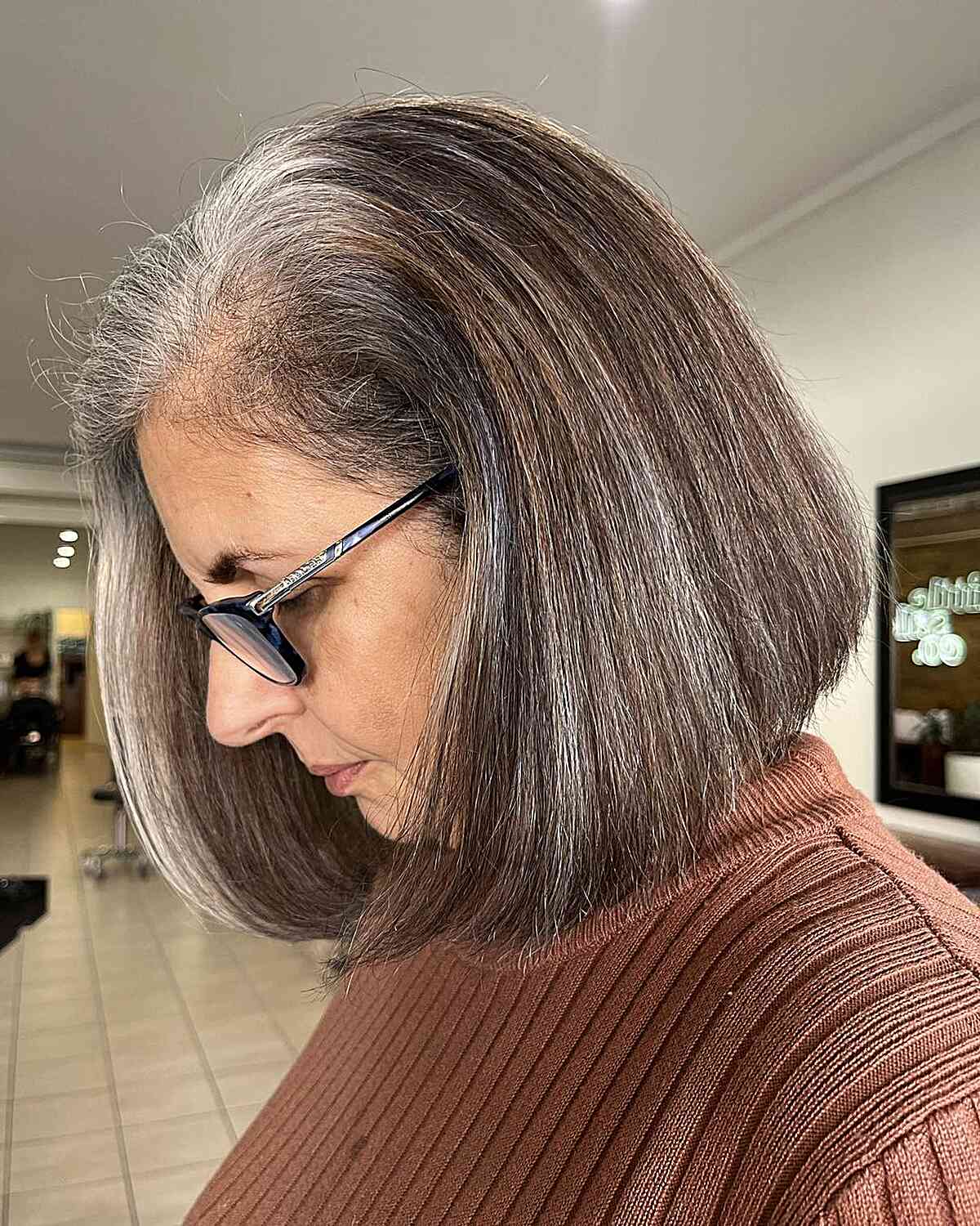 Medium Brunette Bob with Natural Greys on Mature Ladies Over Sixty with Glasses