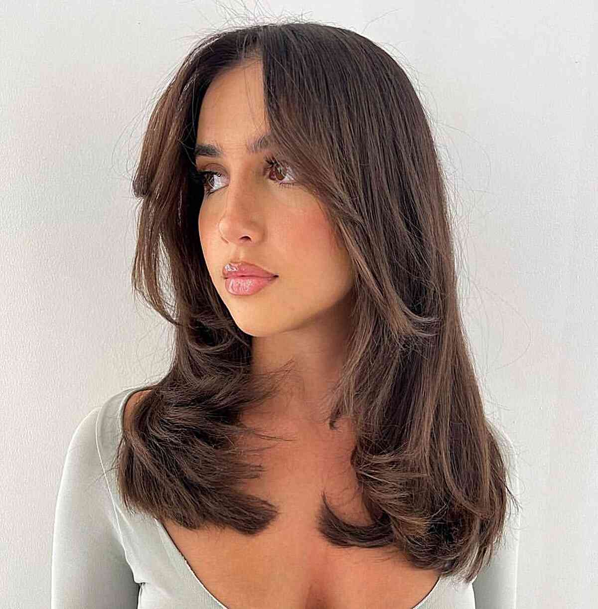 Mid-Length Brunette Butterfly Hair with Thick Layers