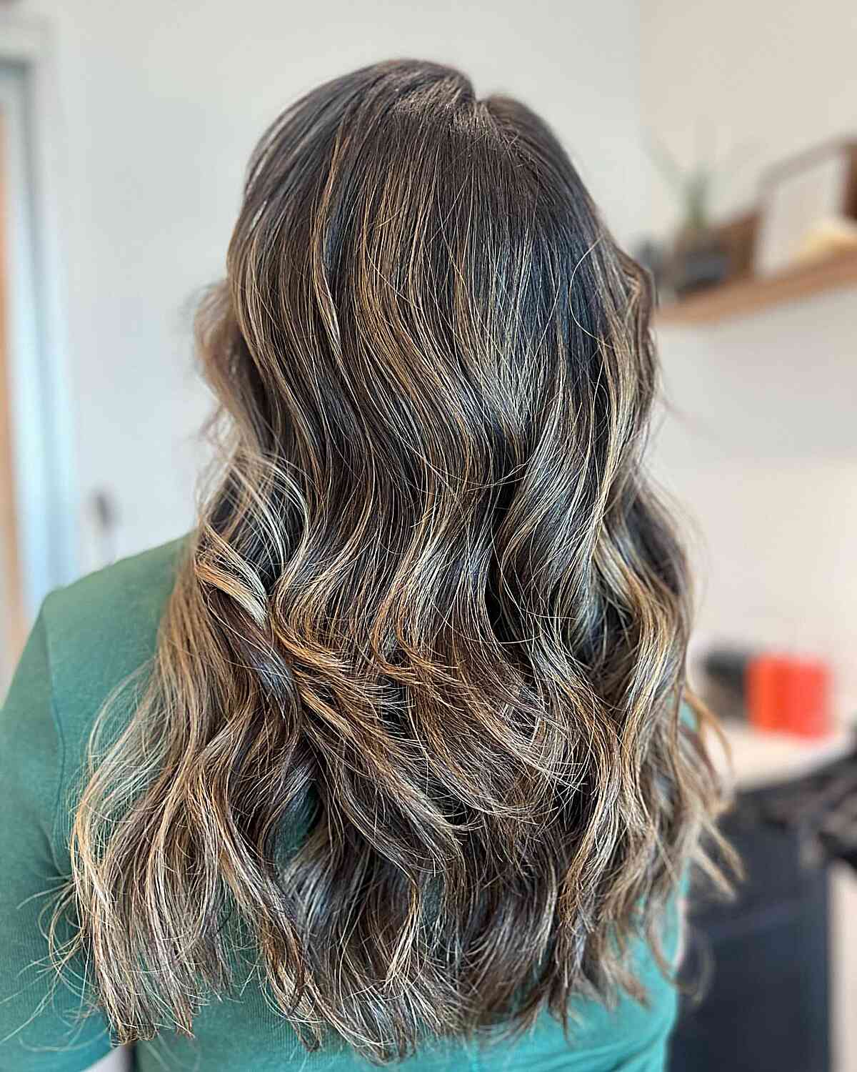 Brunette Dark Blonde Balayage with Long Waves and Layers