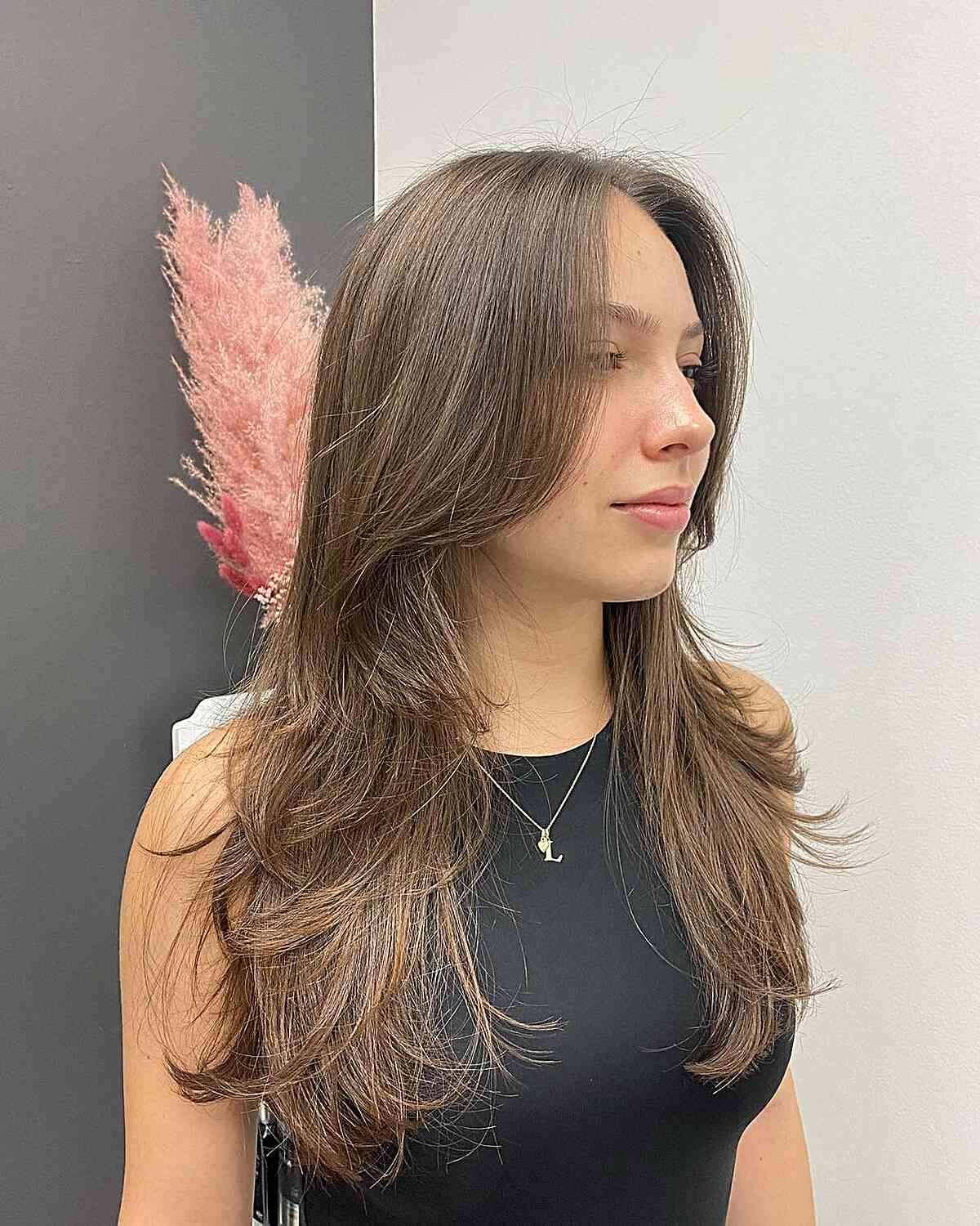 Long-Length Brunette Feathered Layered Haircut for Fine Hair