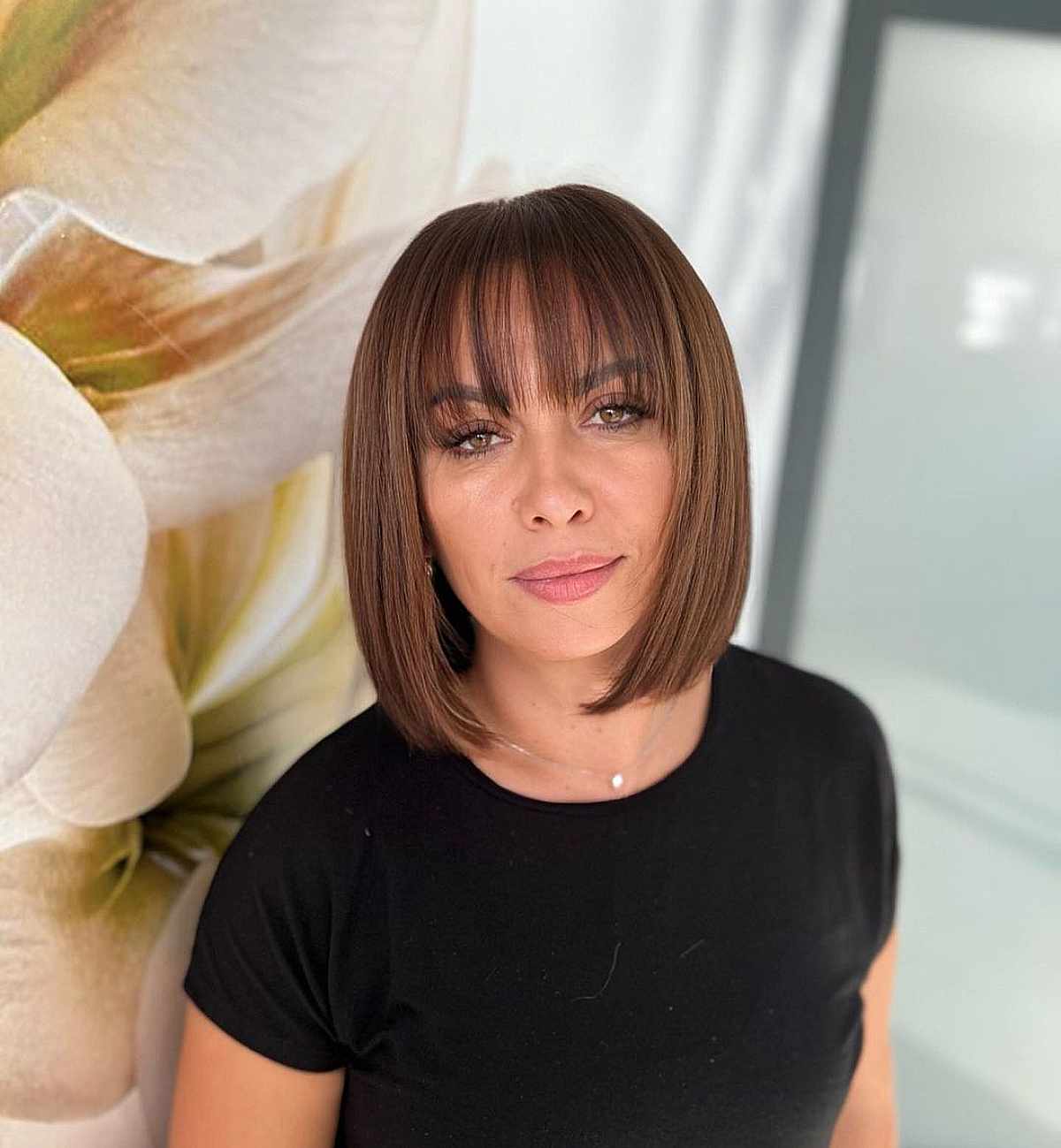 Brunette Fine Straight Bob with See-Through Bangs
