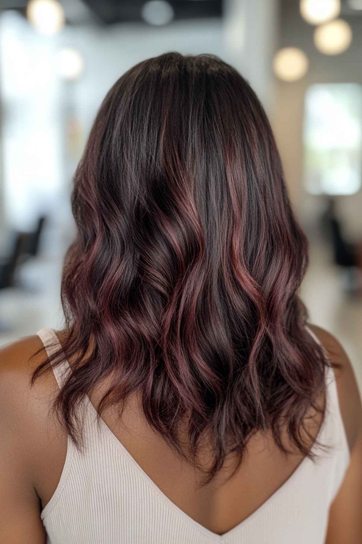 brunette hair with burgundy highlights for brown skin