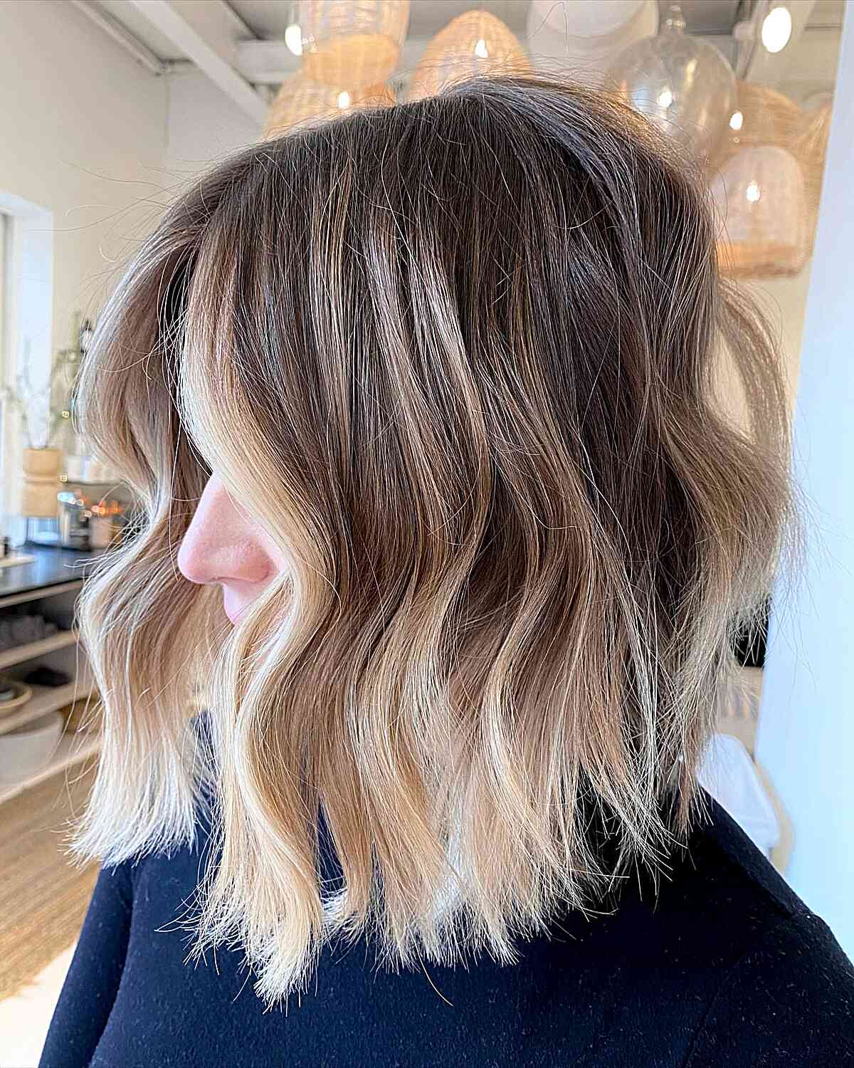 Brunette Lob with Creamy Blonde Balayage Ombre and Money Pieces