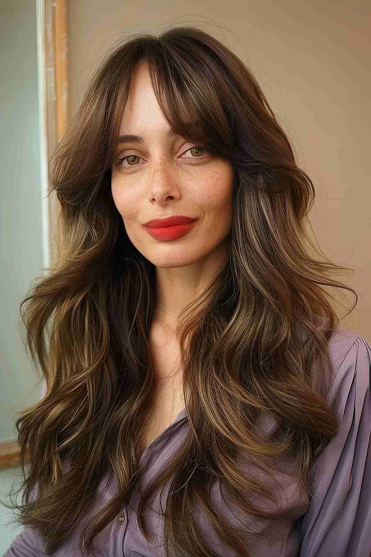 Woman with brunette long layers and curtain fringe, styled for elegance.