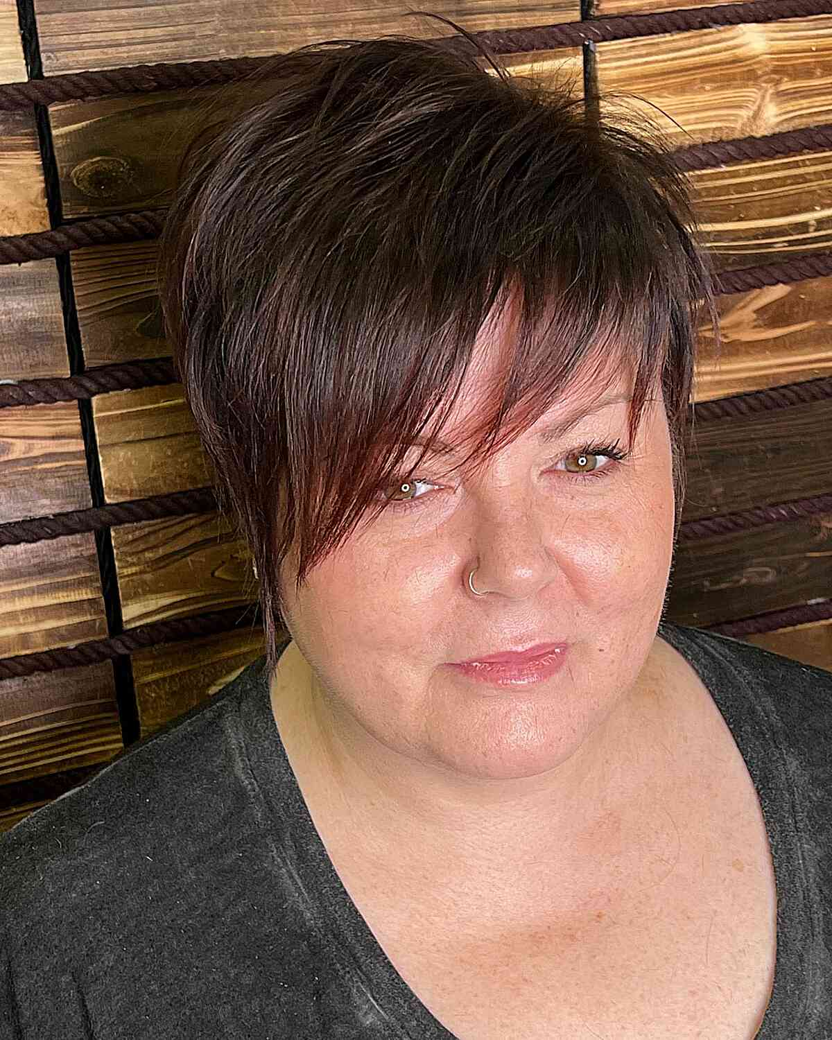 Brunette Long Pixie with Crown Layers and Bangs for Plus Size Women