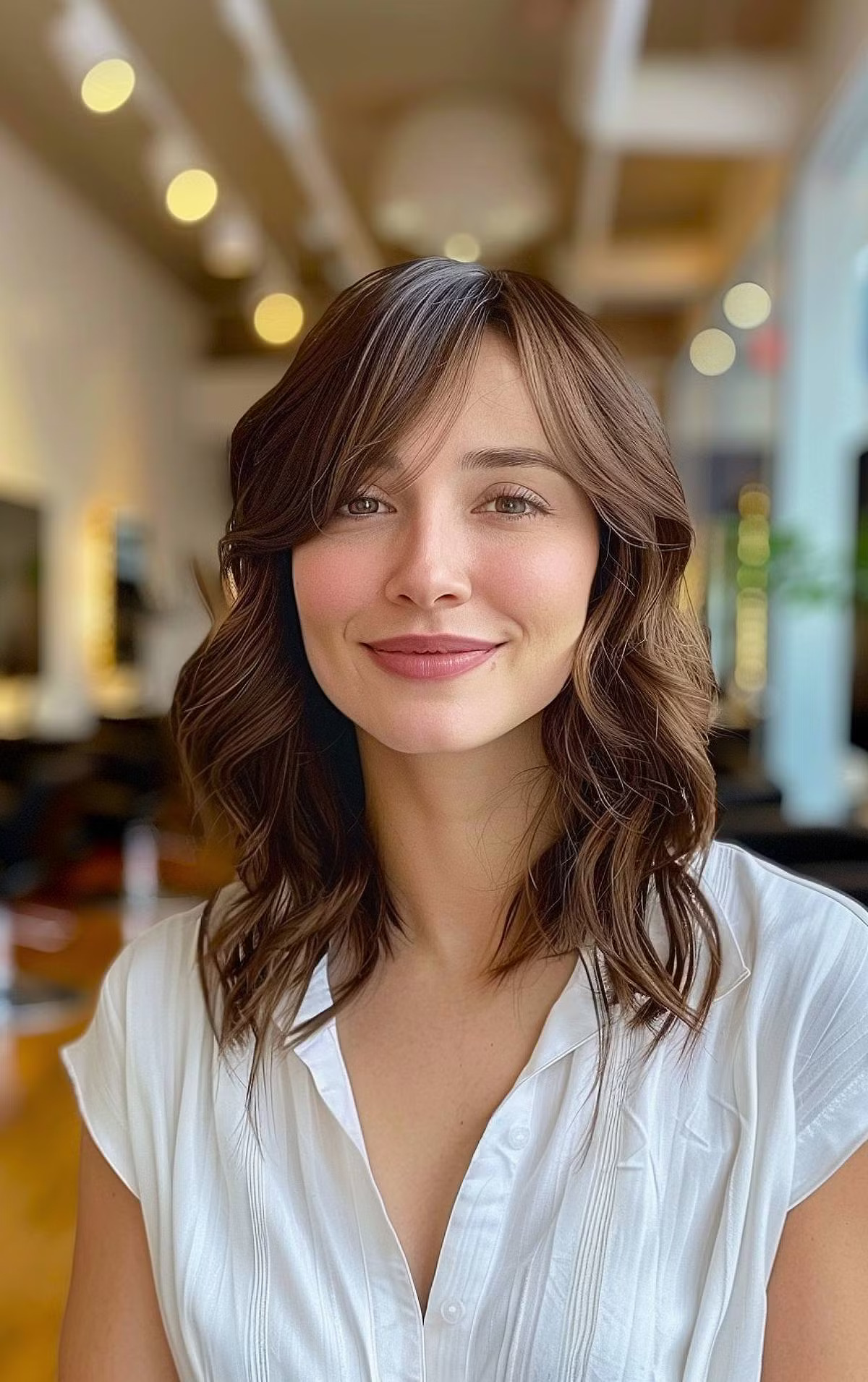 Brunette medium-length hair with waves and side bangs