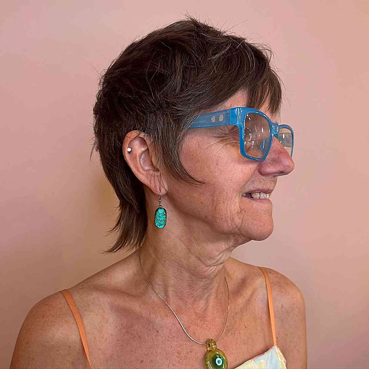Brunette Mullet Pixie Shag Hair for Older Women Over 60 with Glasses