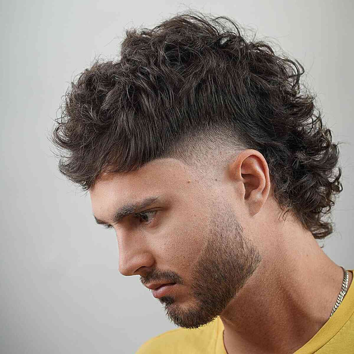 Brunette Mullet with Faded Beard for Guys