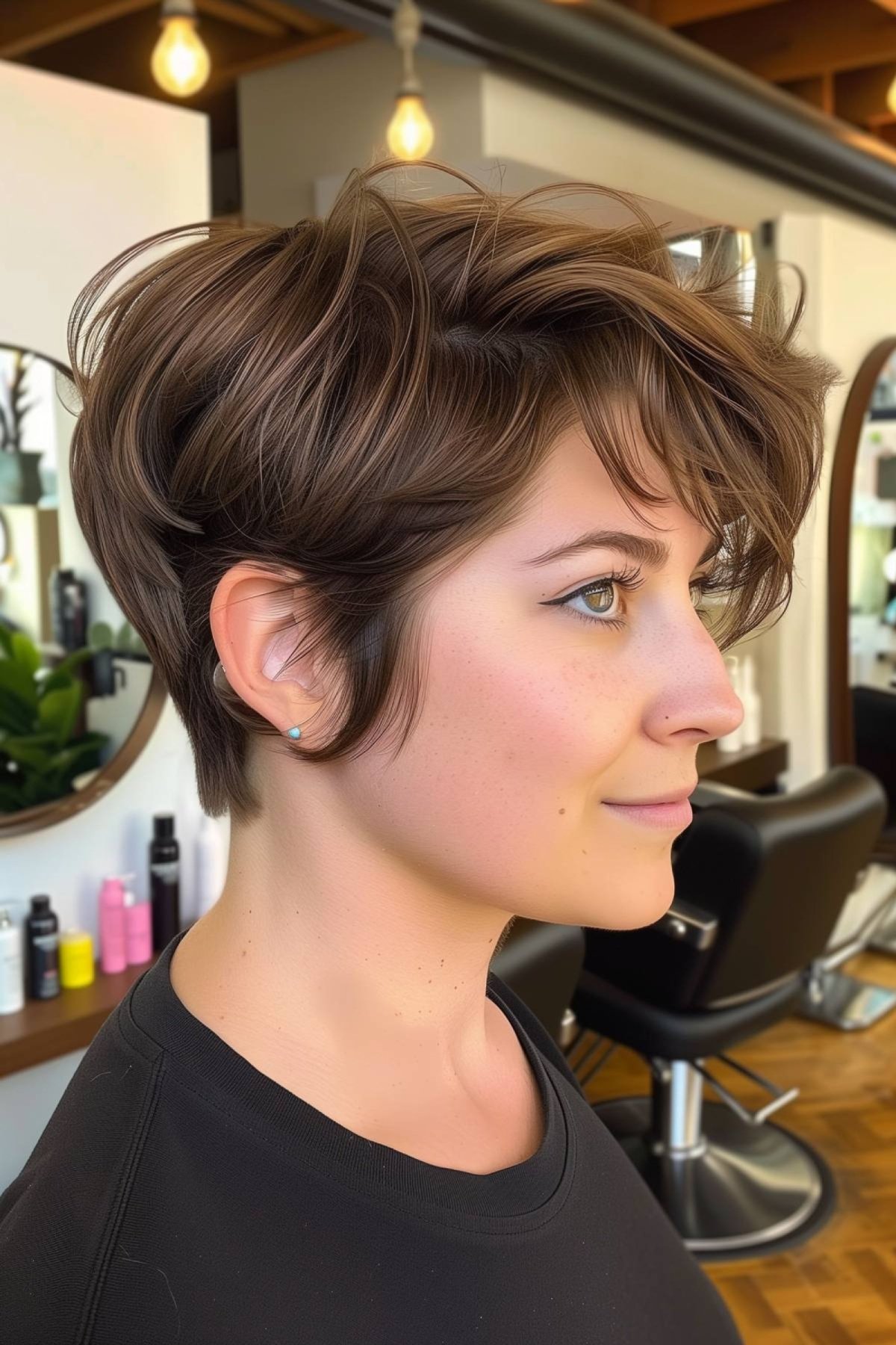 Short layered brunette pixie shag haircut with side-swept bangs 