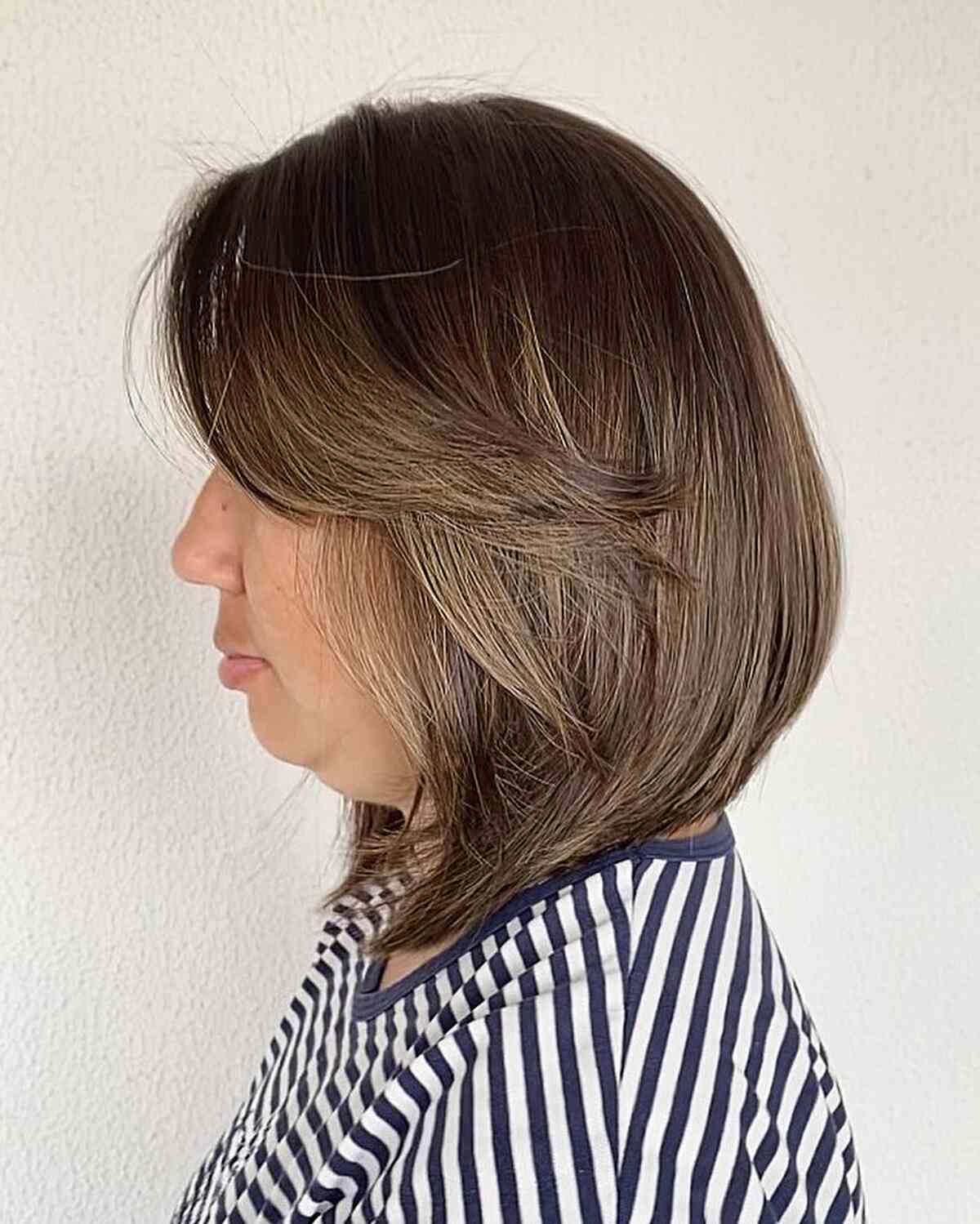 Brunette Stacked Lob with Layered Bangs
