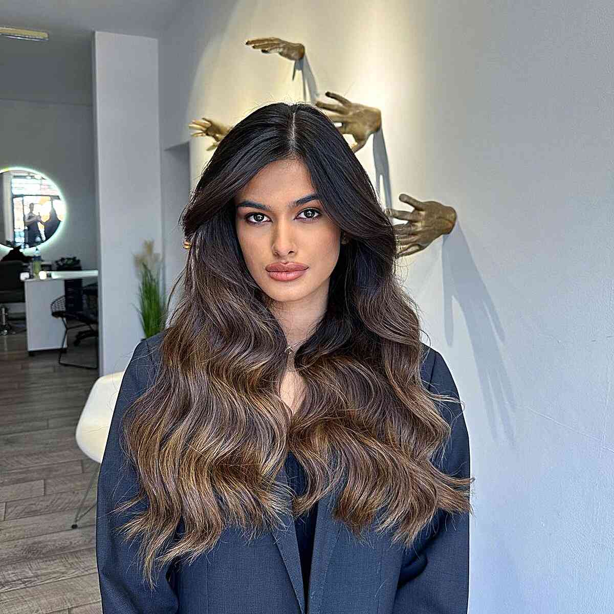 Long-Length Thick Brunette Wavy Hair with Off Center Part