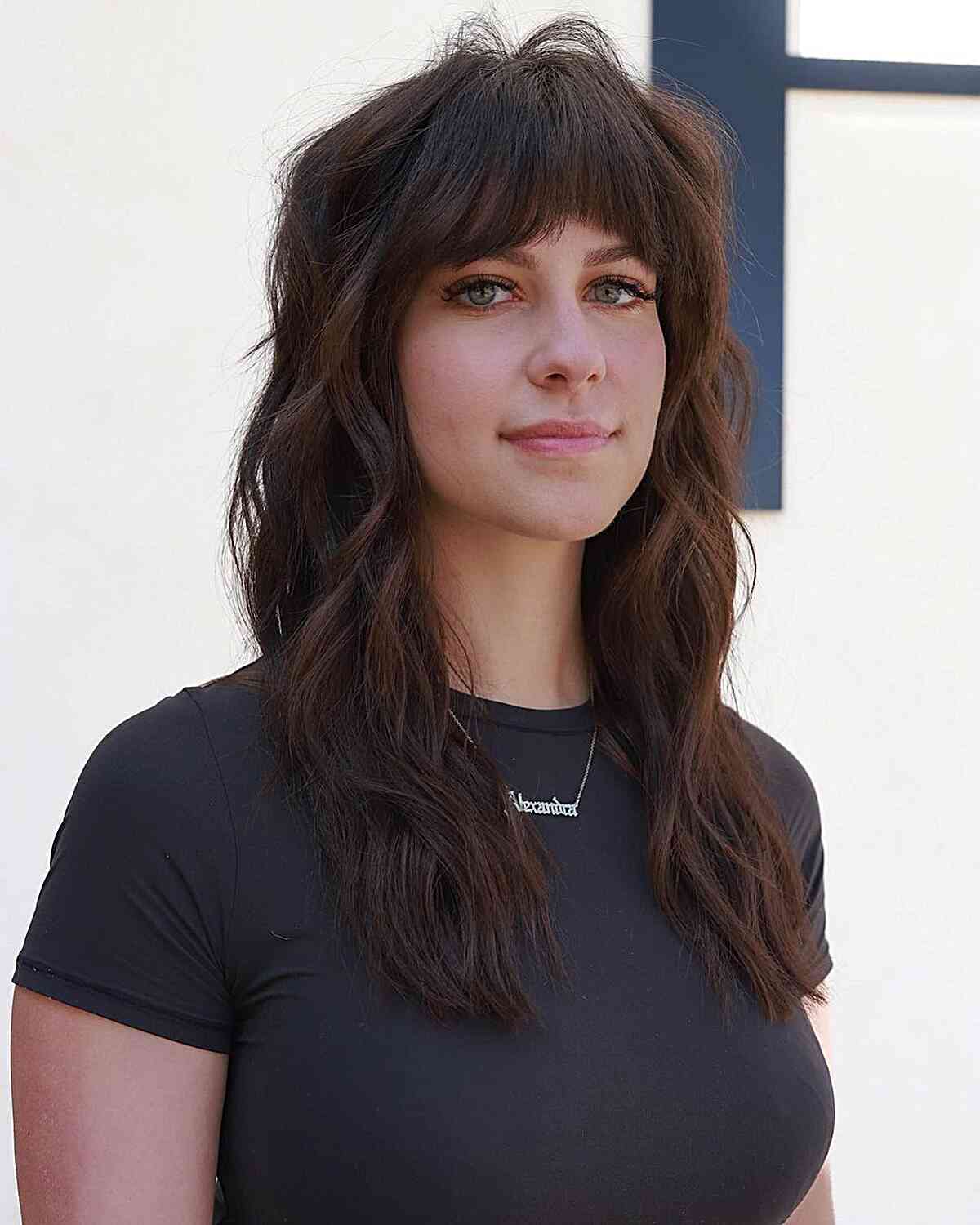 Mid-Long Brunette Wavy Layers and Shaggy French Fringe