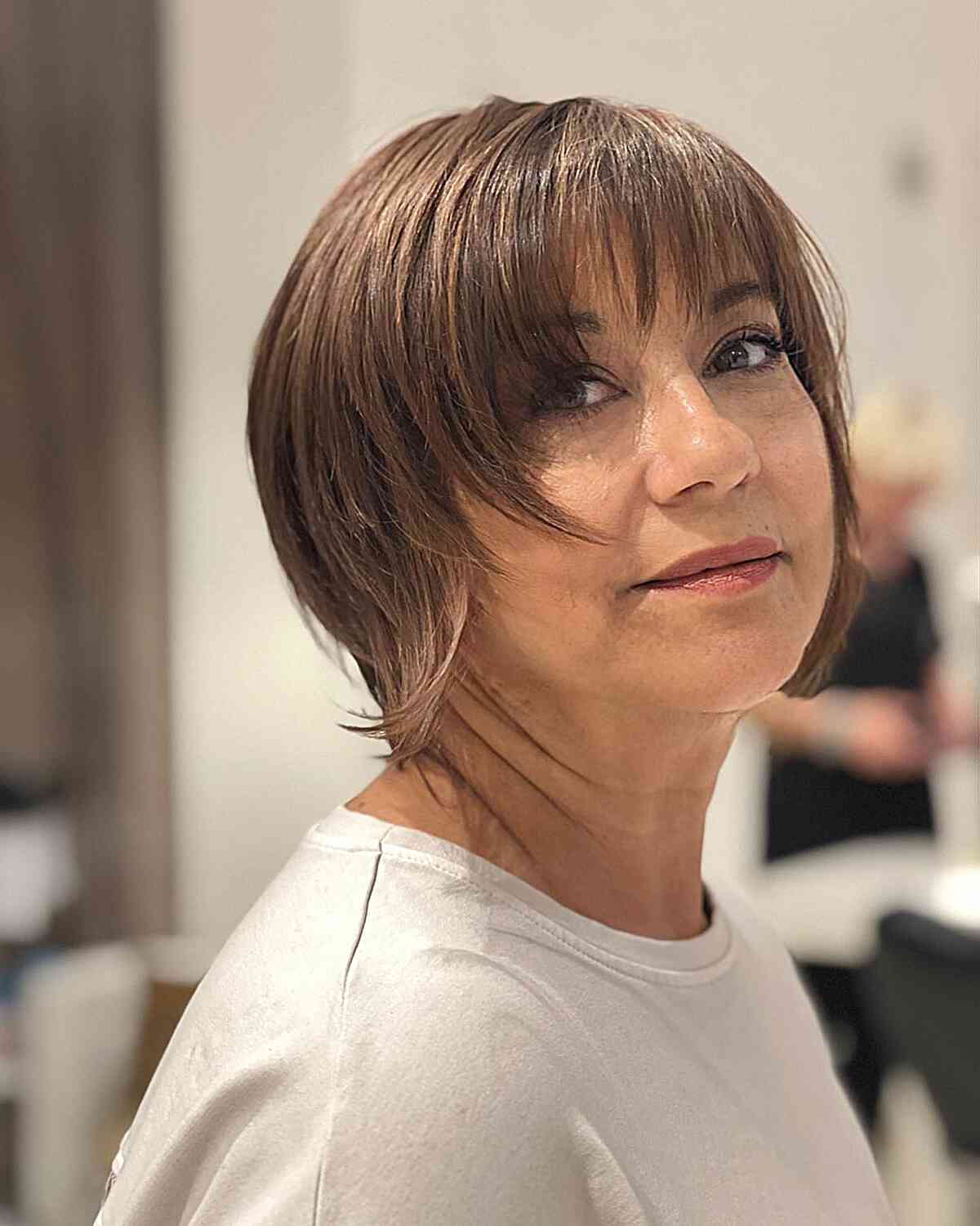 Brunette Wixie Cut with Wispy See-Through Fringe for ladies with aging hair