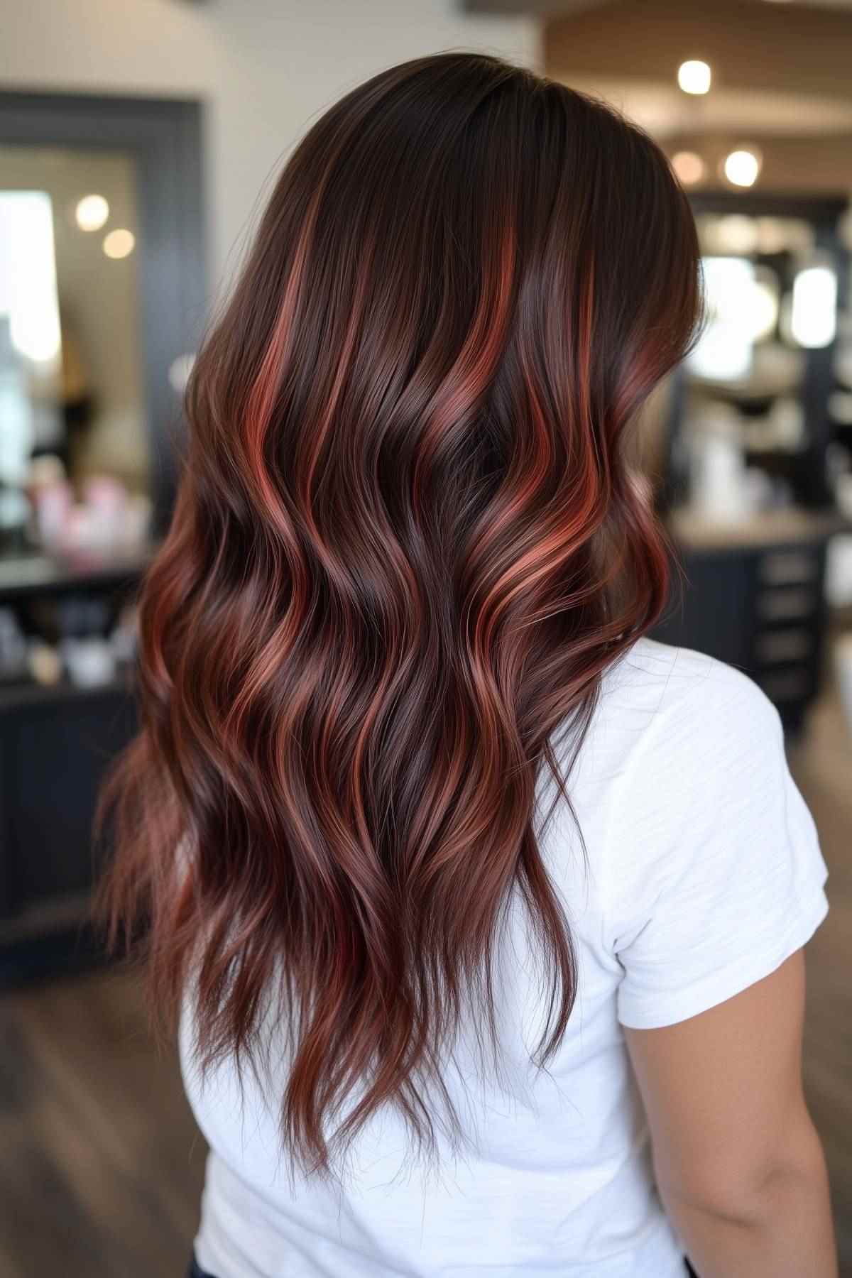 Long brunette hair with red highlights for autumn