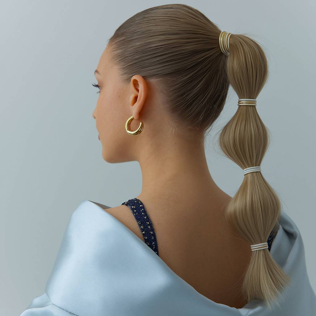 Sleek bubble ponytail prom hairstyle with wrapped hair ties