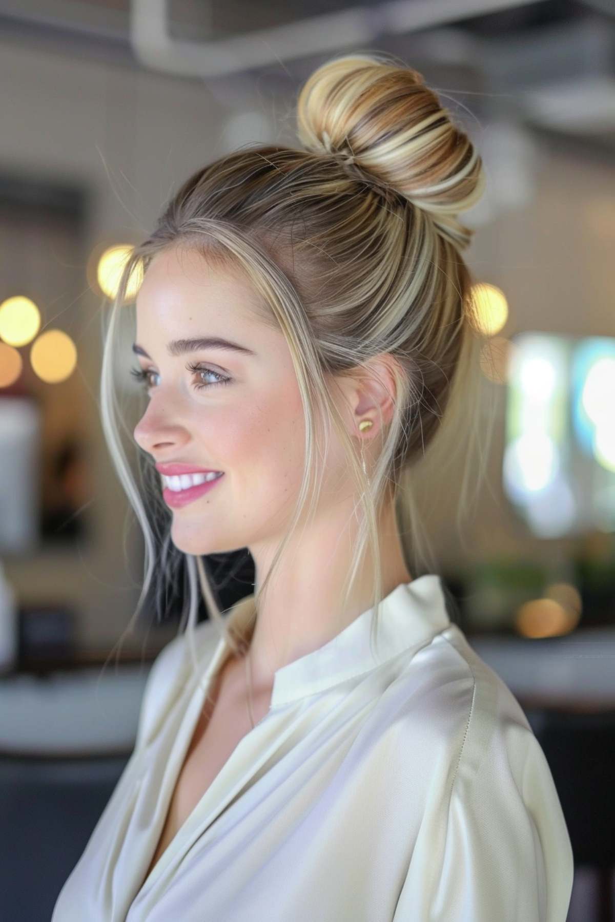 bun hairstyle with blond highlights for thin hair