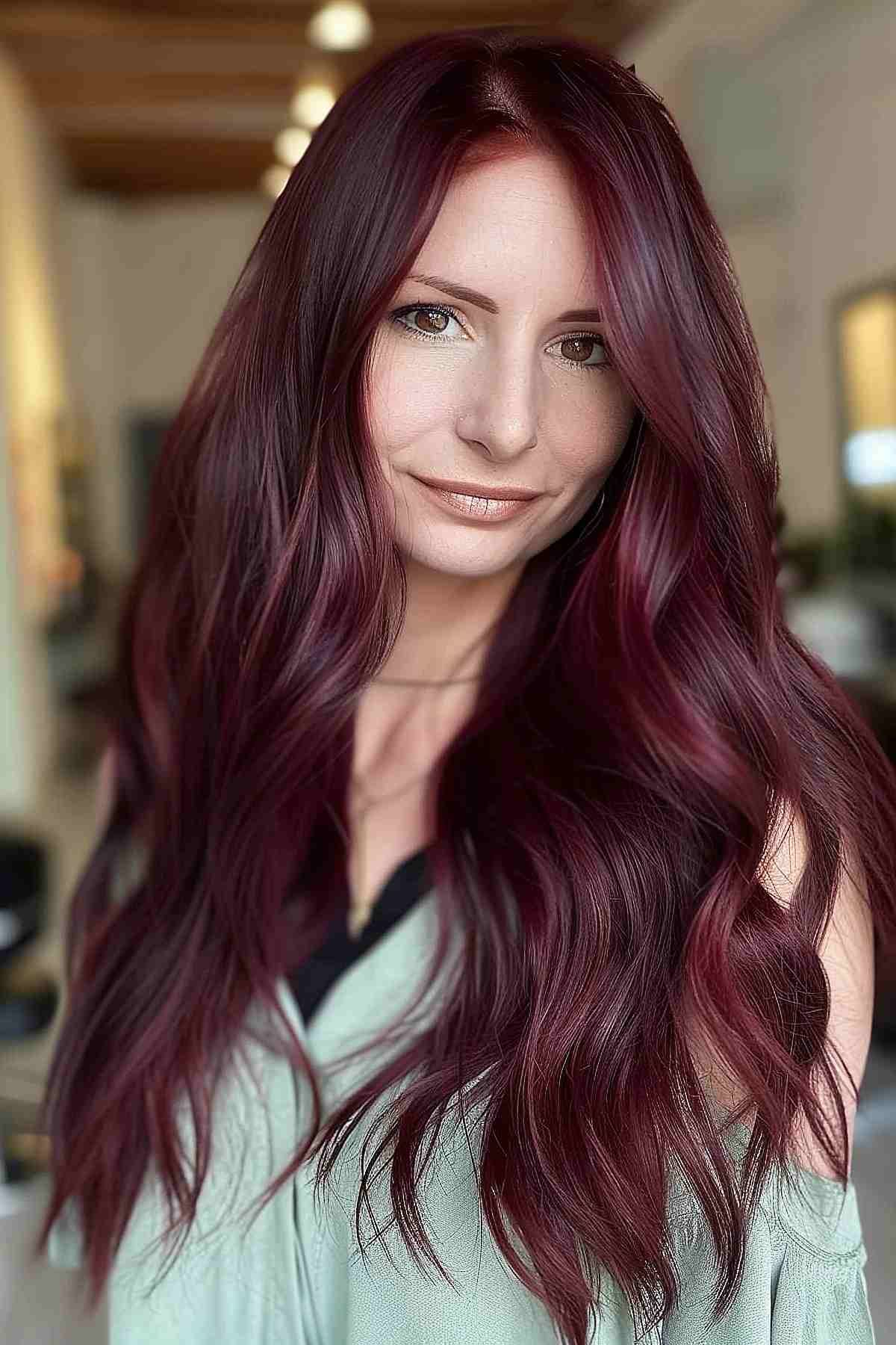 Long wavy hair with burgundy cherry coke color.