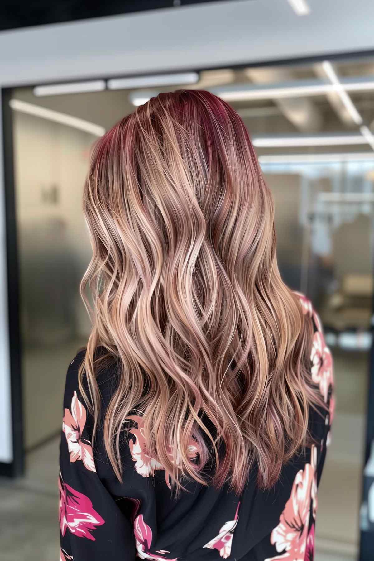 Back view of soft wavy layers with burgundy highlights