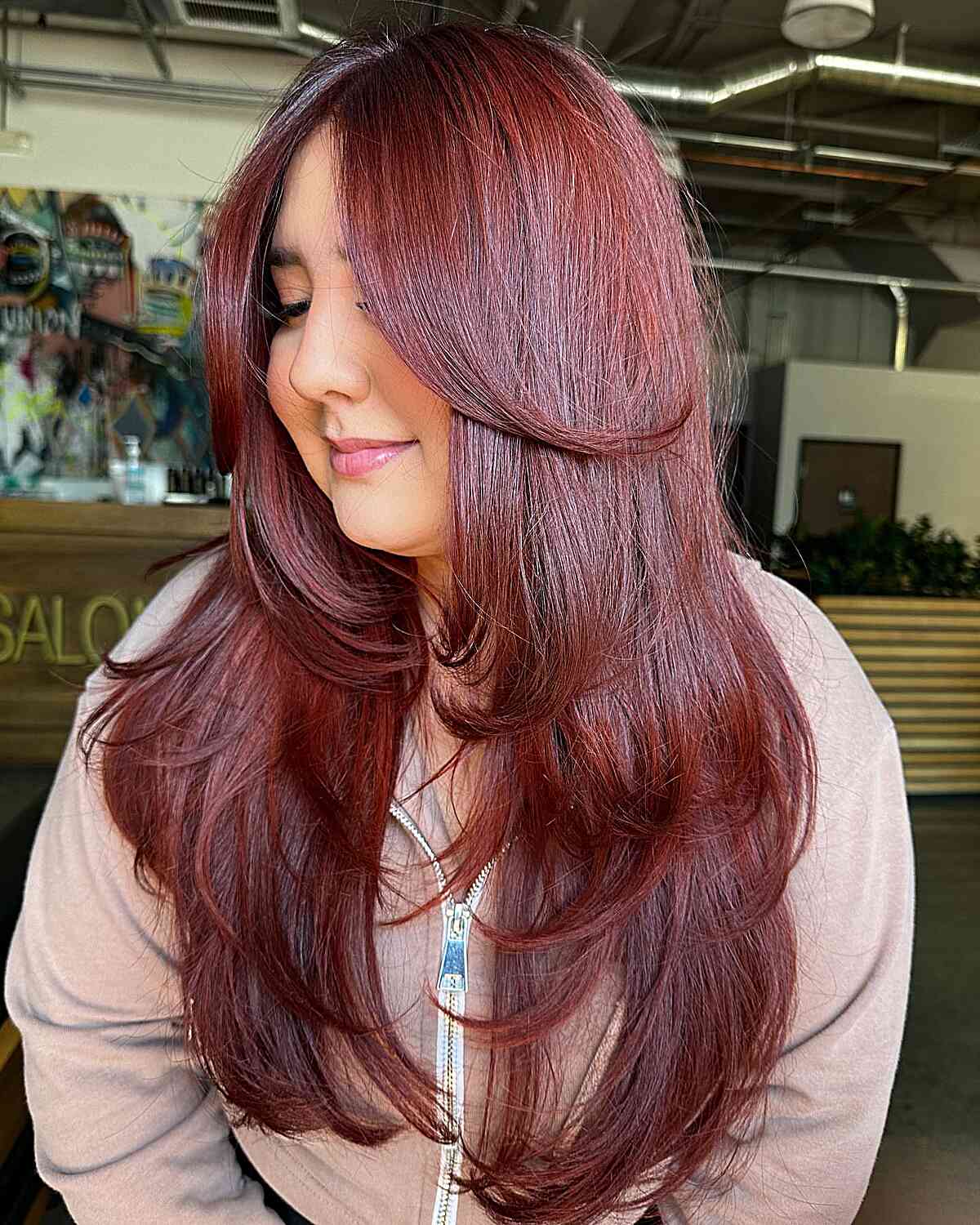 Burgundy Red Fine Hair with Long-Length Butterfly Layered Cut