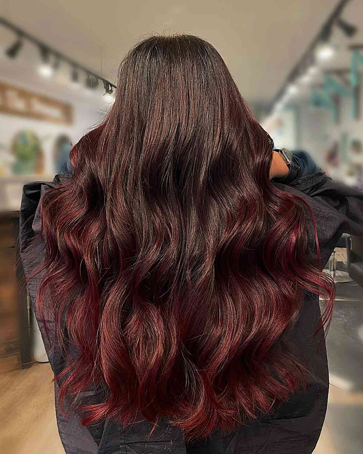 Burgundy Red Sombre Balayage on Very Long Brown Hair