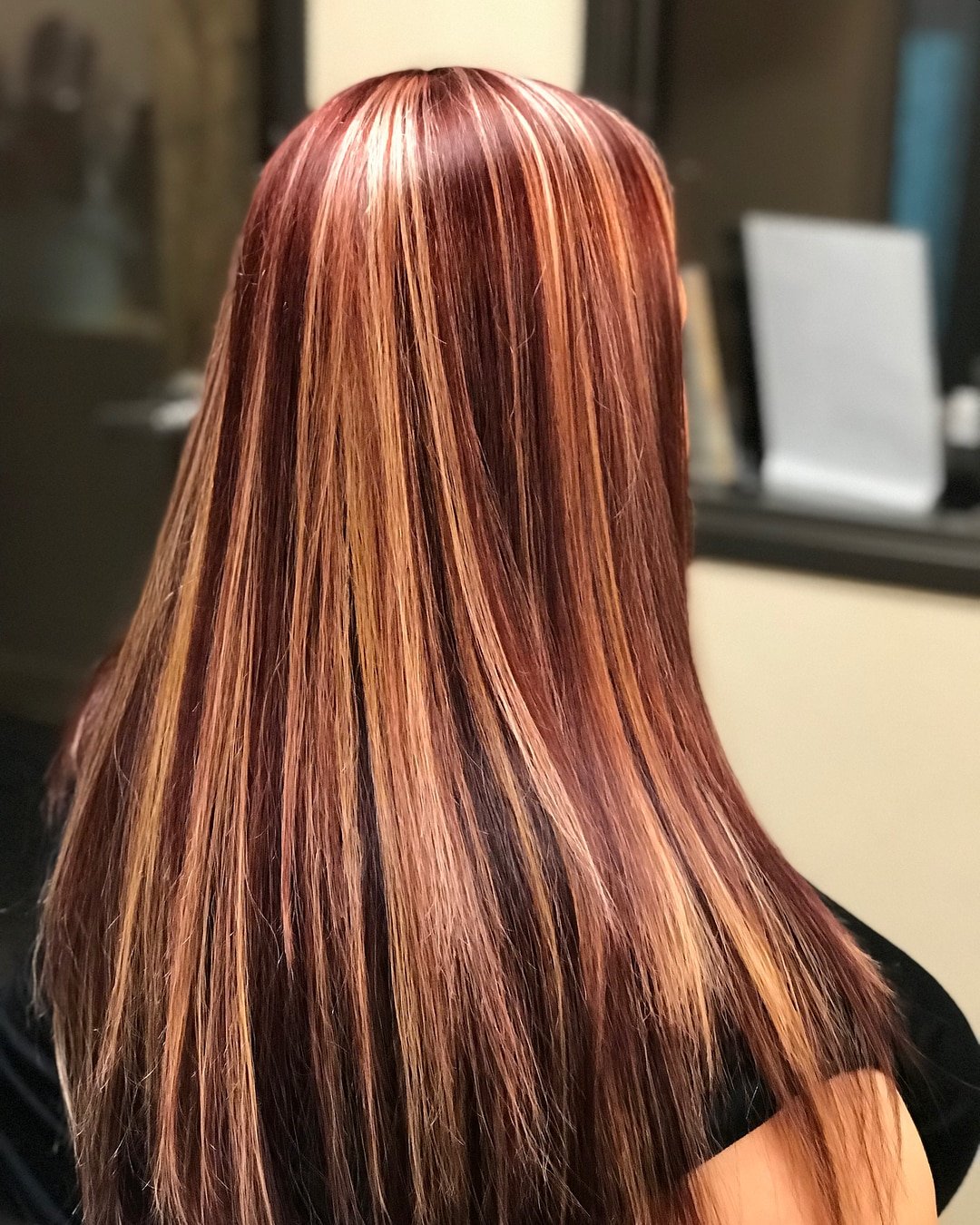 Bold burgundy with blonde highlights