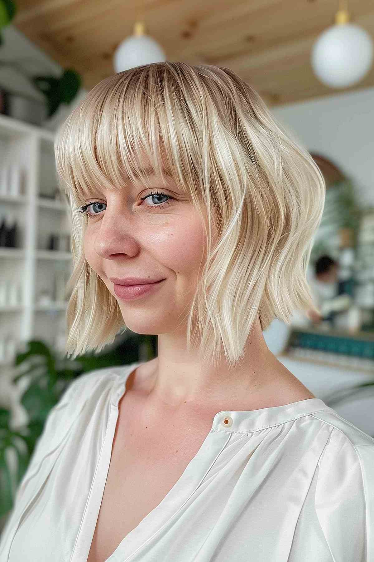 Buttery blonde bob with blunt bangs and soft waves, adding a modern touch to a classic cut, ideal for fine to medium hair density.