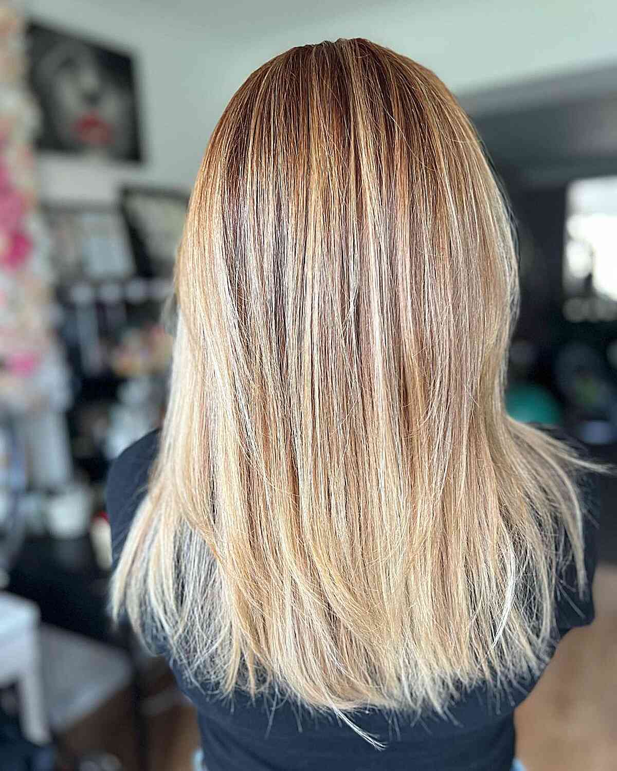 Medium-Long Buttery Blonde Straight Balayage Hair with Copper Roots