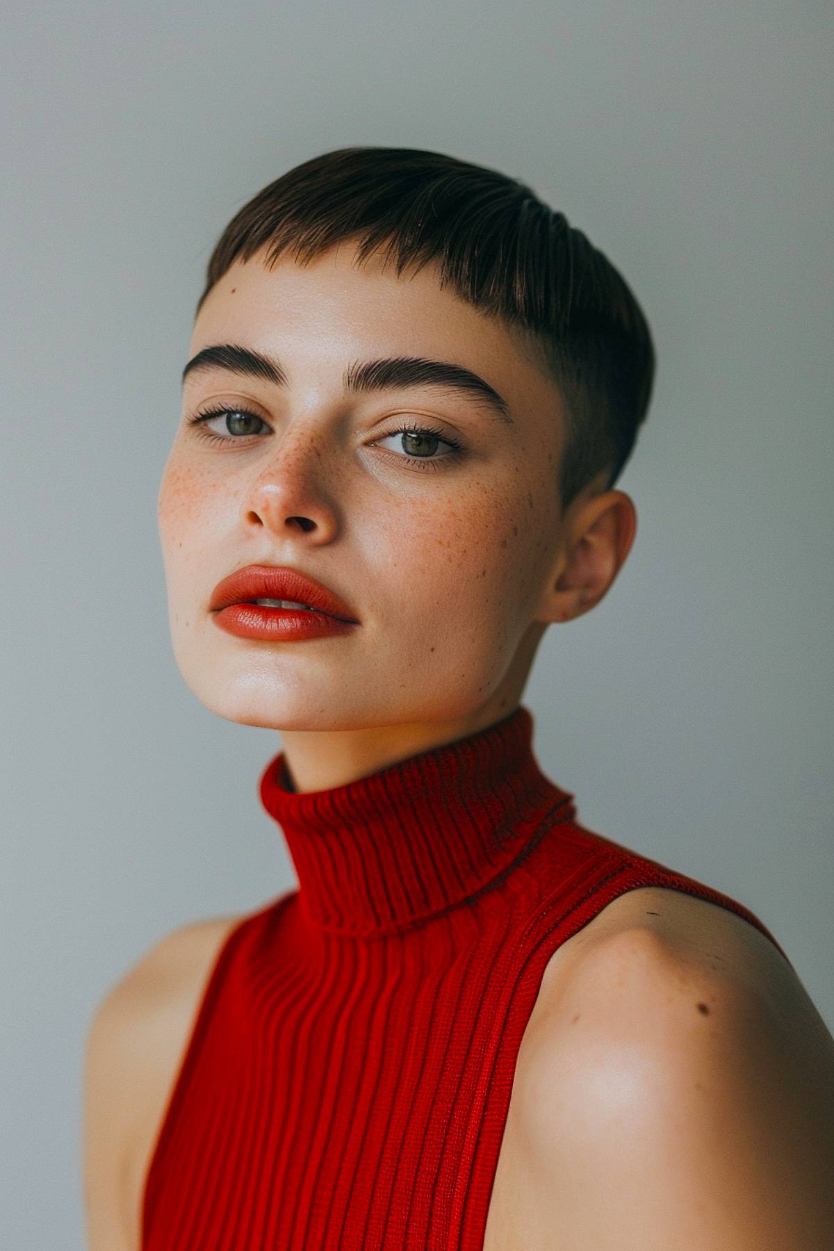 Buzzcut with blunt micro bangs