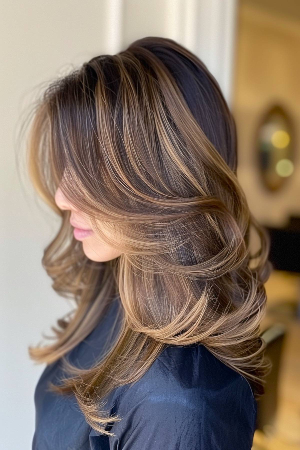 Espresso brown hair with creamy beige and honey-blonde highlights, softly blended for a luxurious glow