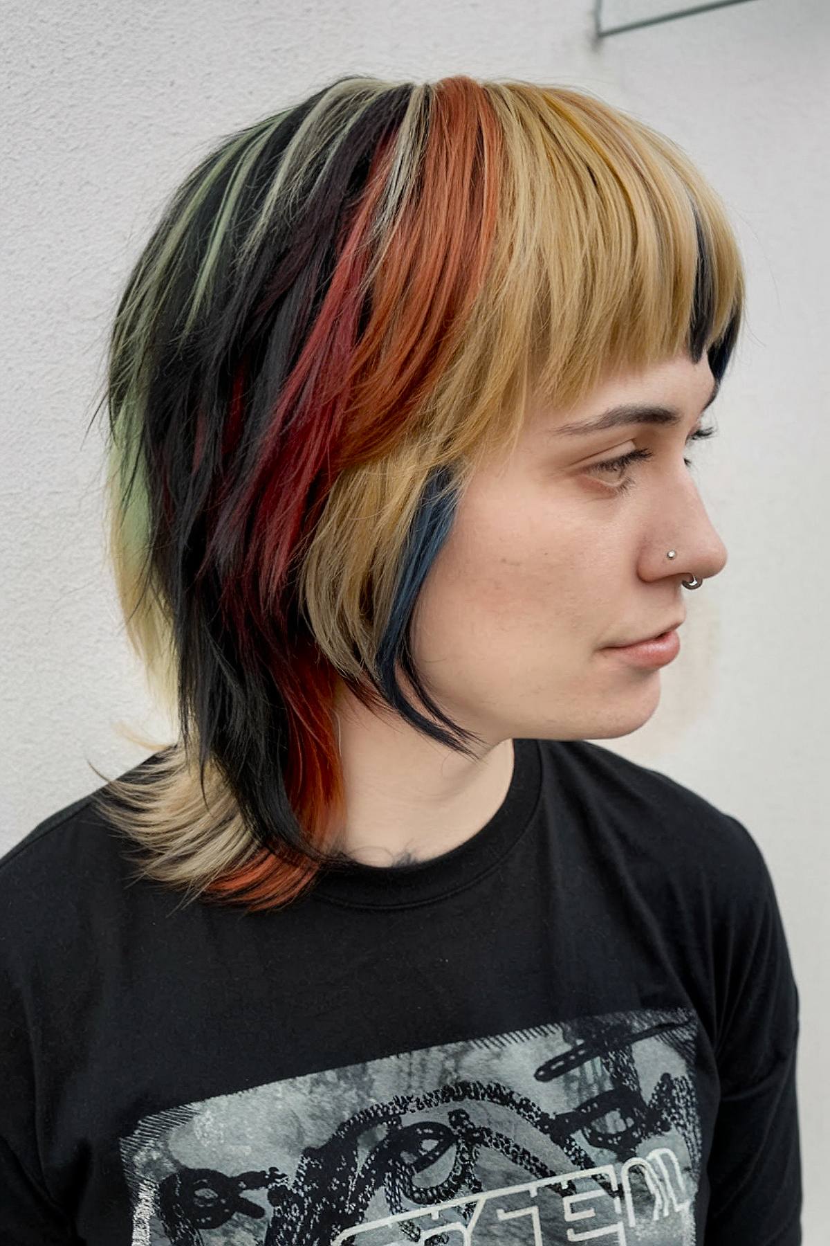 Calico block hair with red, black, and blonde sections