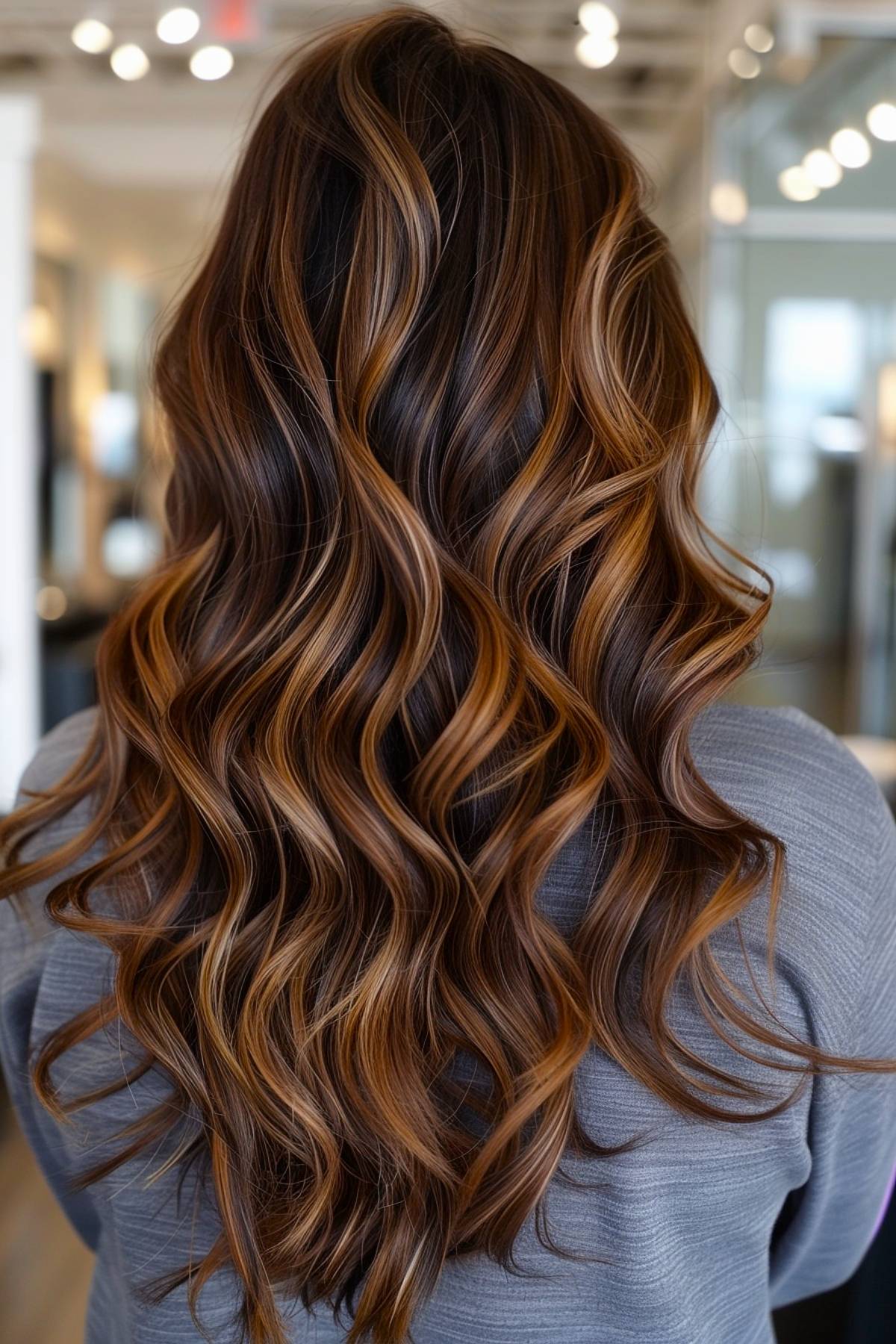 Deep chocolate brown hair with caramel, bronze, and toffee highlights for a castle-like structured blend