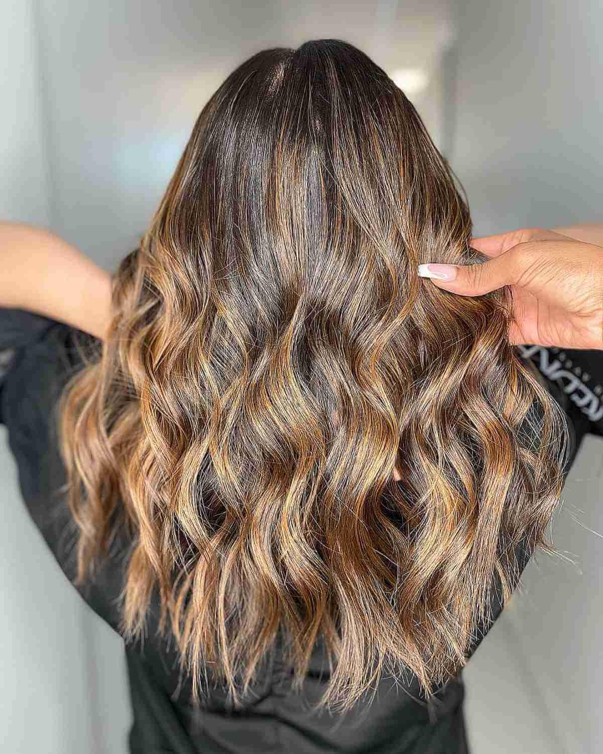 Caramel Balayage Accents and Shadow Roots for Brown Hair