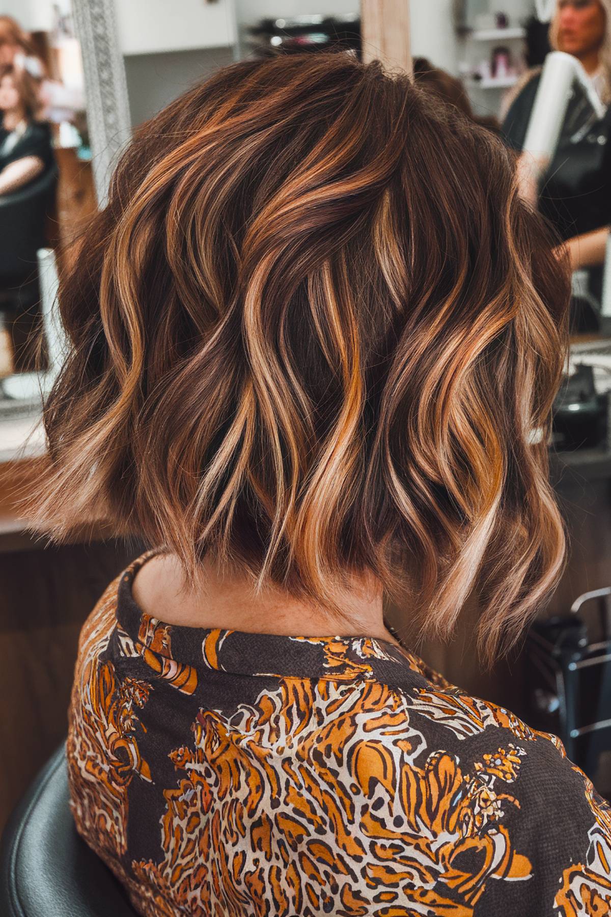 Caramel balayage on short brunette hair