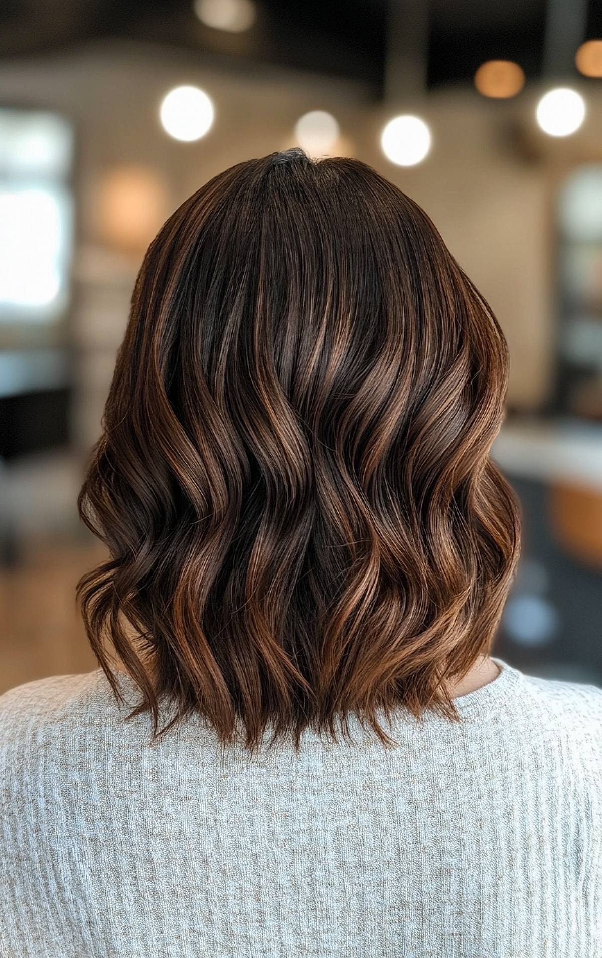 Short wavy chocolate brown hair with caramel balayage highlights