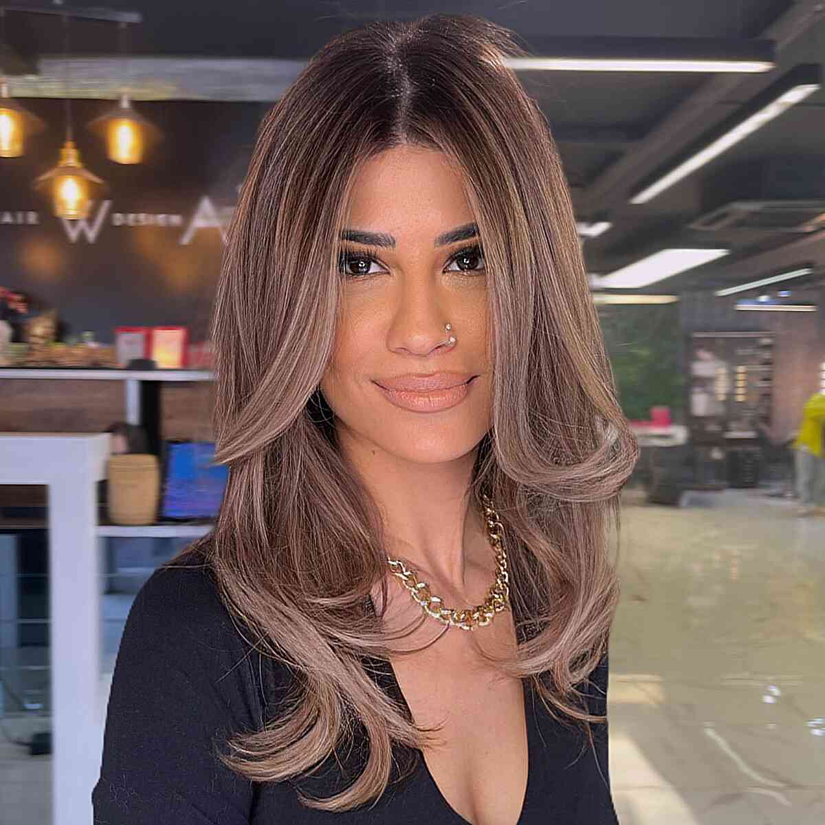 Caramel Beige Long Layers for Straight Haired Women with long curtain bangs