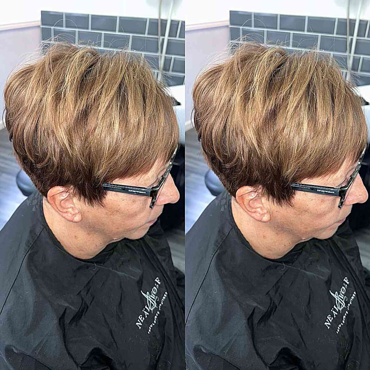 Caramel Blonde Pixie Choppy Layers for Thick Hair on Women Over 60 with Glasses